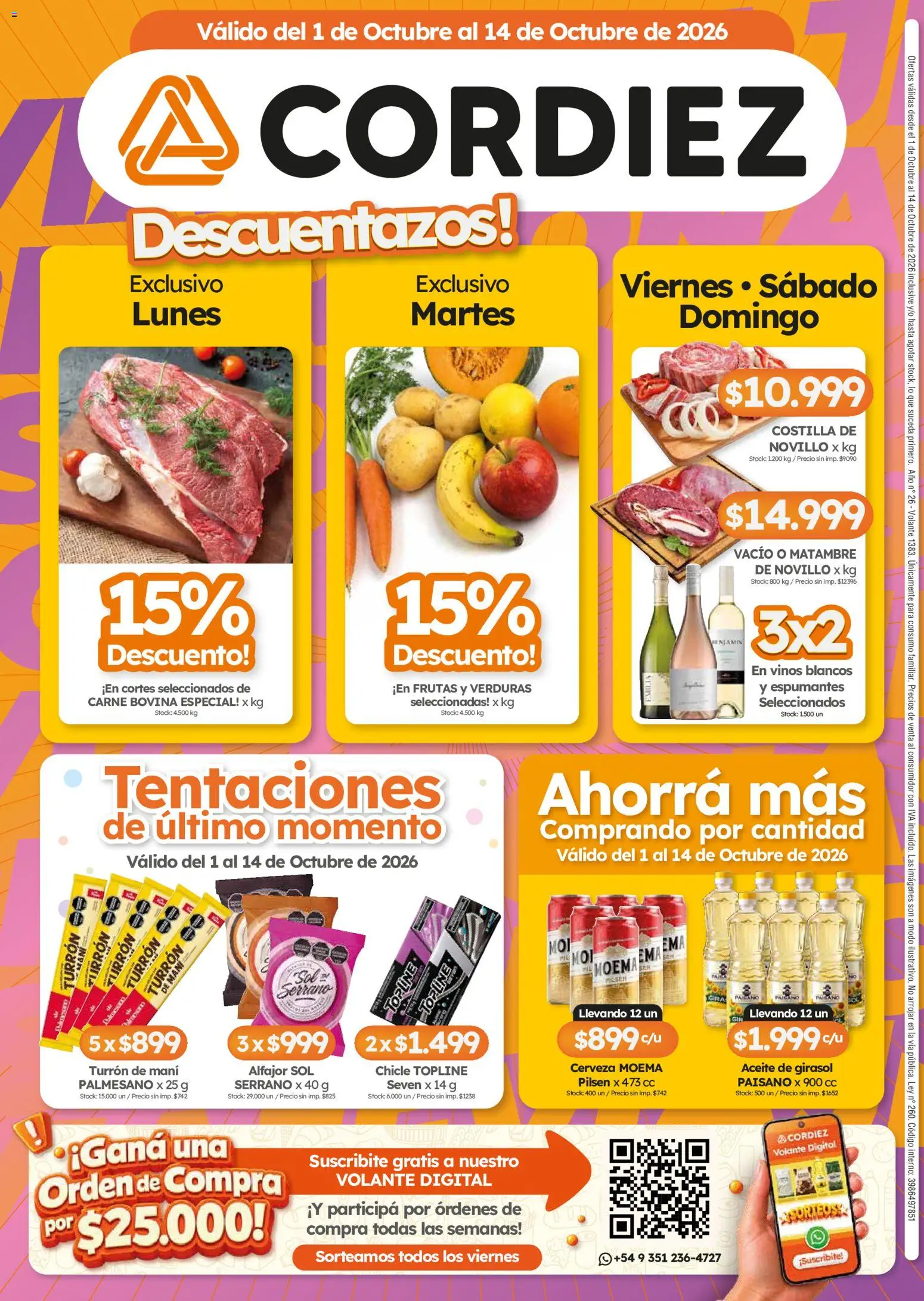 Vista previa del folleto de la tienda Cordiez válido desde el 01/10/2026 - Alfajor, Cerveza, Carne, Verduras, Aceite, Mani, Aceite de girasol, Chicle