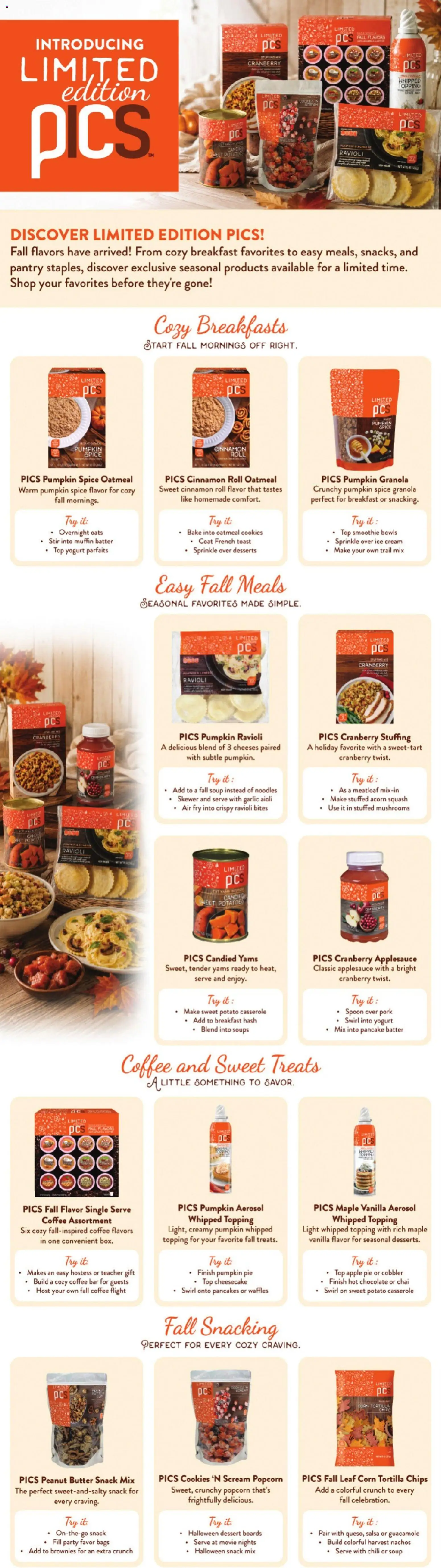 Ad Preview of Price Chopper Price Chopper Enjoy Our Fall Flavors from 08/30/2026 - Dessert, Cookies, Smoothie, Chips, Popcorn, Mushrooms, Hot chocolate, Cream