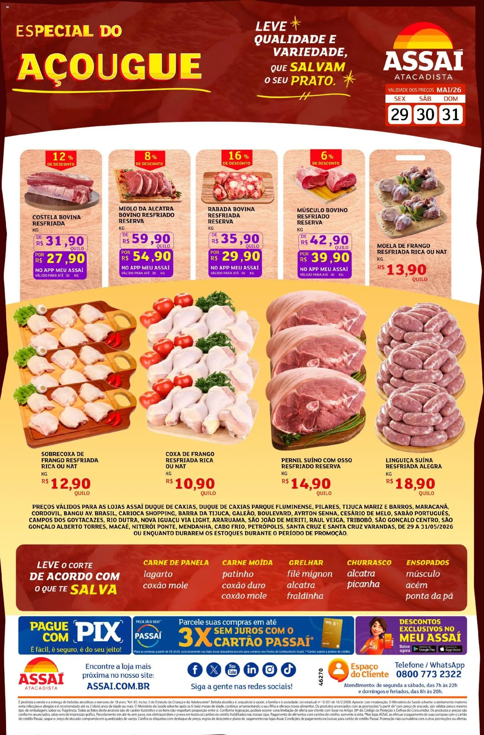 Pré-Visualização do folheto "Assaí Atacadista ofertas - RJ" da loja Assaí Atacadista válido a partir de 29/05/2026 - Pneus, Bebida, Alimentos, Alcatra, Moela, Cabo, Coxão duro, Acém