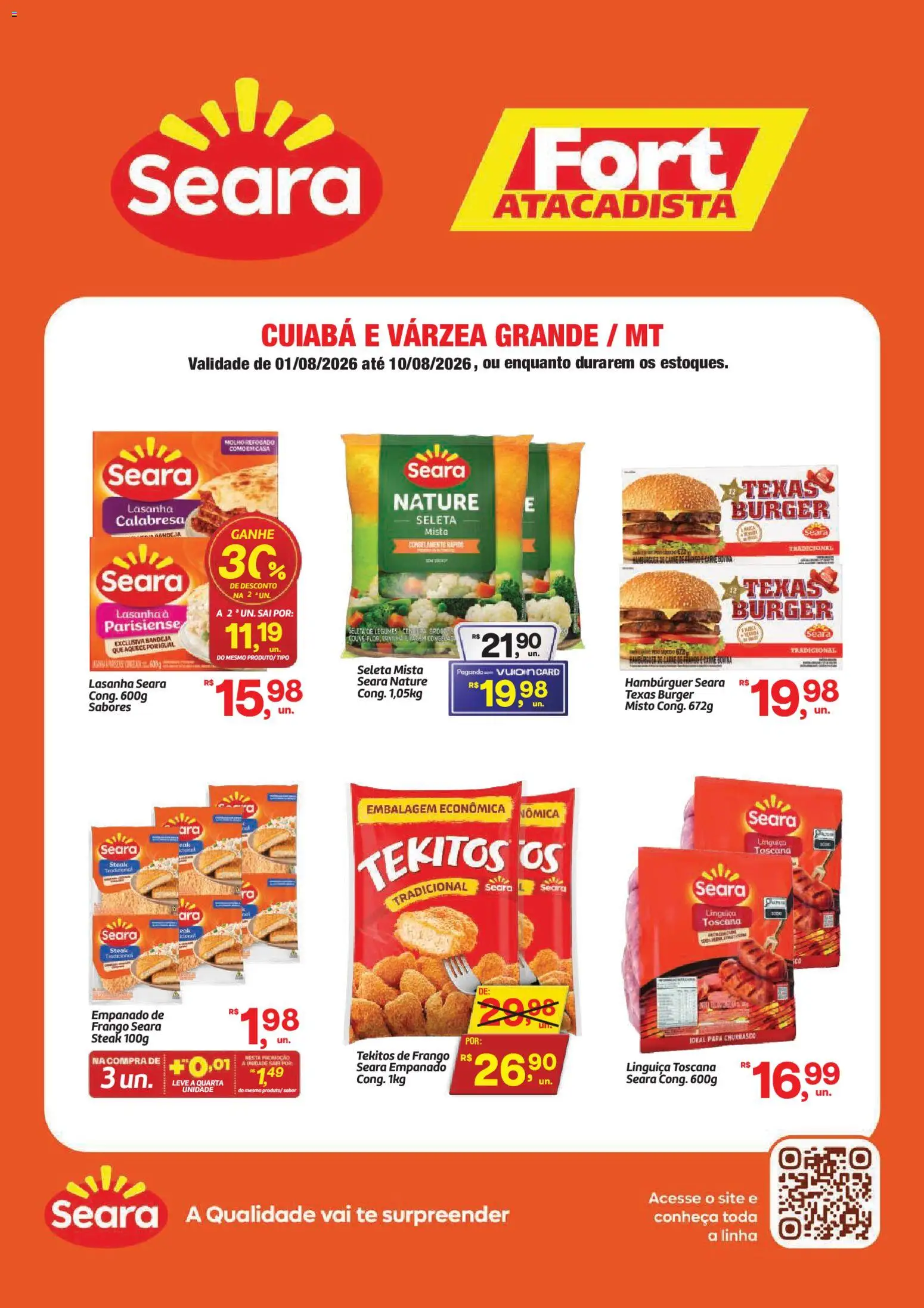 Pré-Visualização do folheto "Fort Atacadista ofertas Seara" da loja Fort Atacadista válido a partir de 01/08/2026 - Hambúrguer, Lasanha, Frango, Legumes, Linguiça, Bandeja, Steak