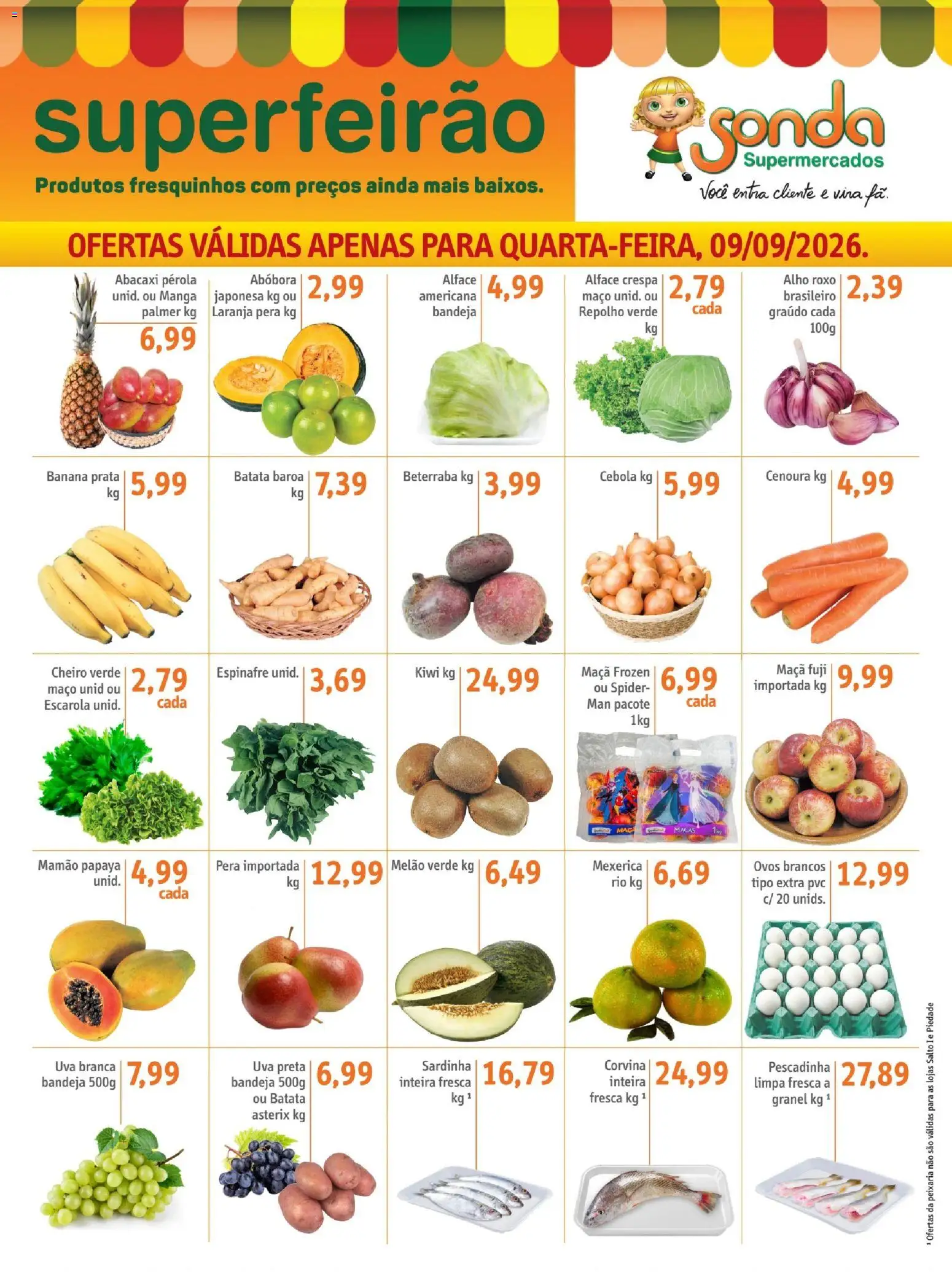 Pré-Visualização do folheto "Sonda ofertas Feirão" da loja Sonda válido a partir de 09/09/2026 - Kiwi, Ovos, Abacaxi, Batata, Alface, Cebola, Alho, Mamão