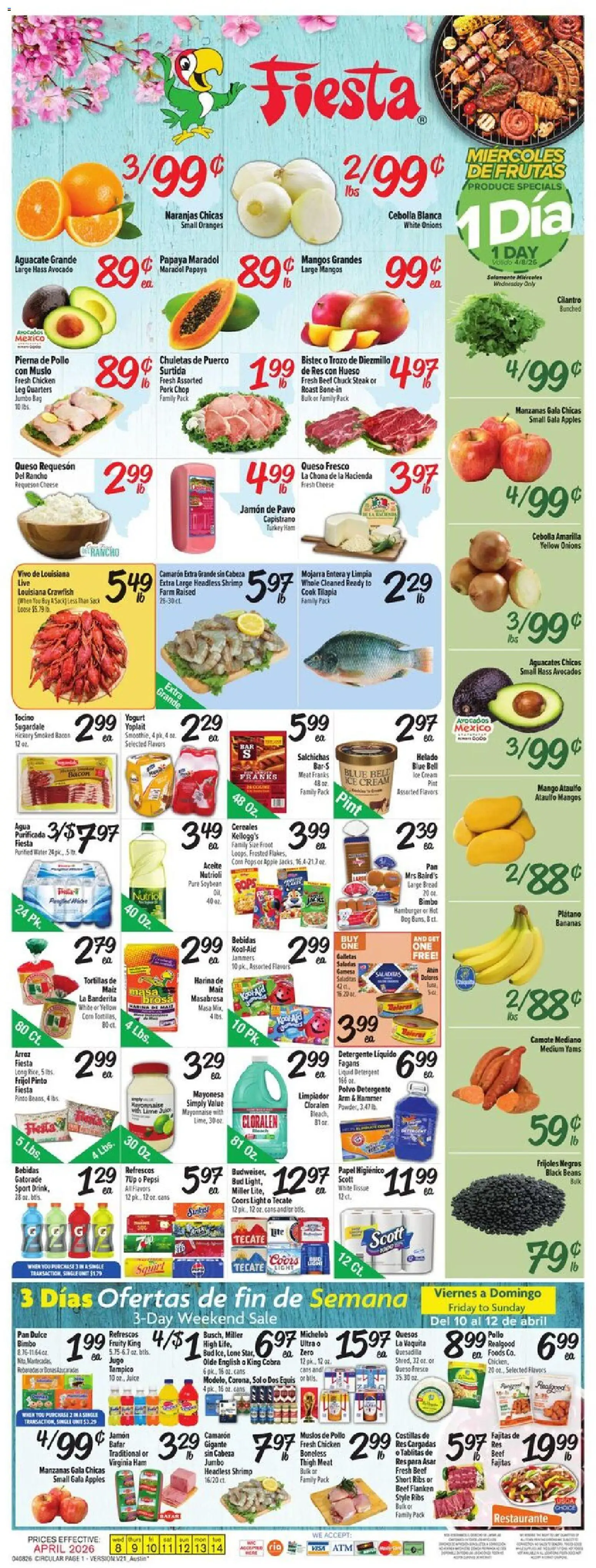 Ad Preview of Fiesta Mart Fiesta Mart Weekly Ad from 04/08/2026 - Hamburger, Oranges, Avocado, Shrimp, Beans, Beef, Cream, Chicken
