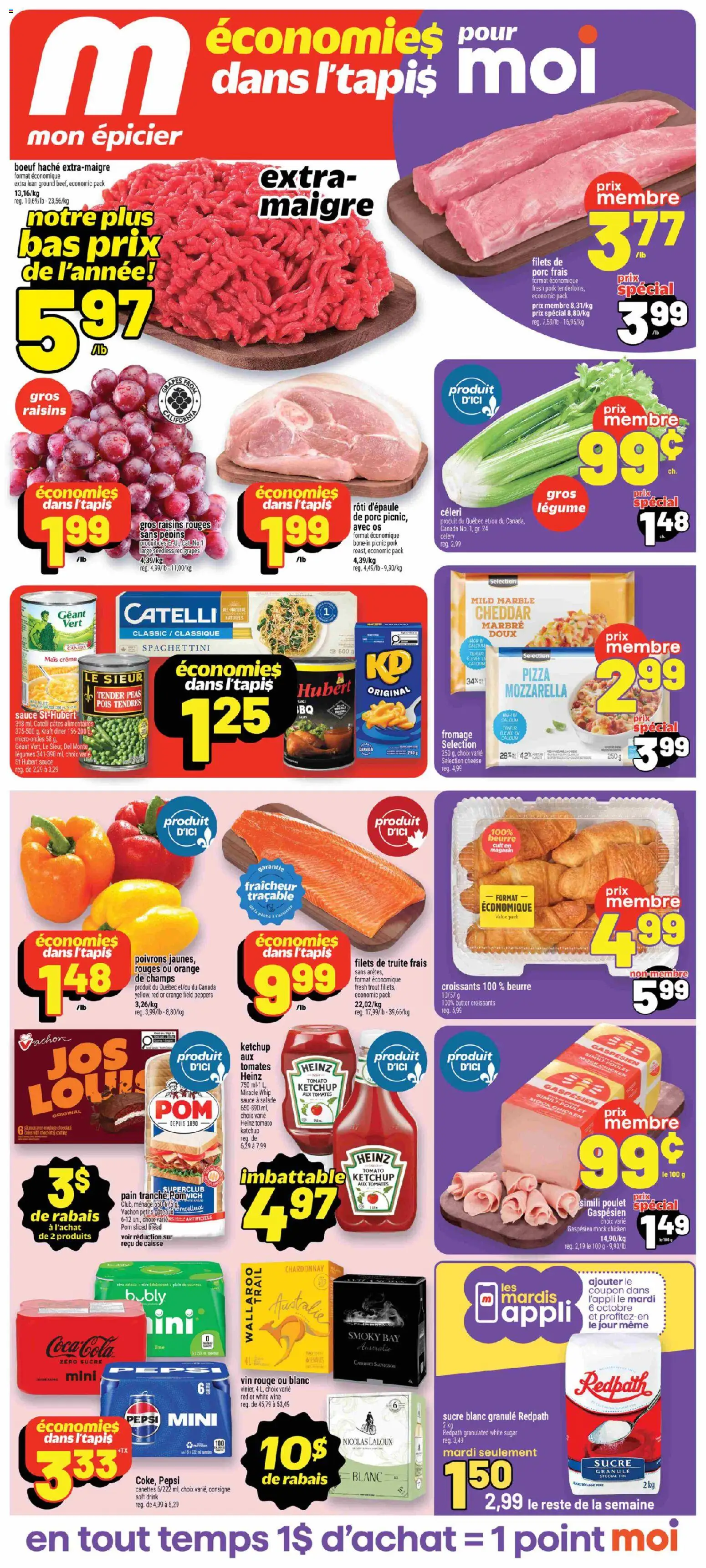 Preview of leaflet Metro circulaire - Mon épicier from shop Metro is valid from Oct 01, 2026 - Bread, Wine, Tomato, Legumes, Raisins, Grapes, White wine, Cheddar