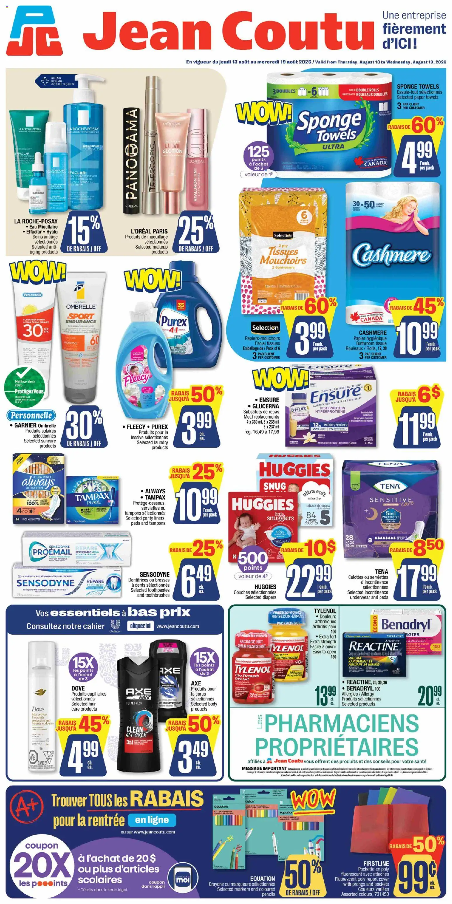 Preview of leaflet Jean Coutu circulaire from shop Jean Coutu is valid from Aug 13, 2026 - Protein, Tampons, Diapers, Underwear, Paper towels, Towels, Sponge, Tissues