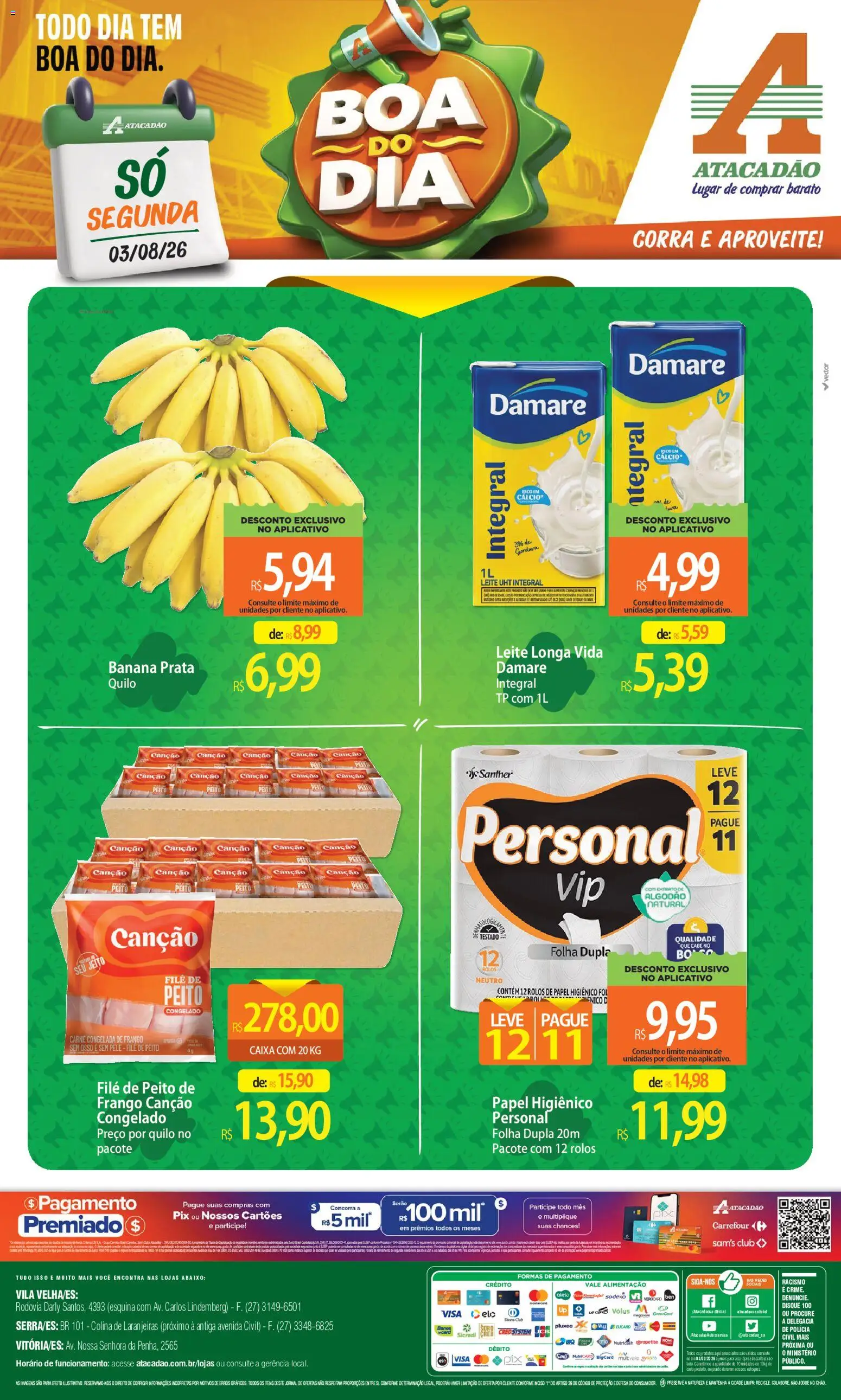 Pré-Visualização do folheto "Atacadão ofertas - ES" da loja Atacadão válido a partir de 03/08/2026 - Caixa, Leite, Carne, Frango, Papel higiênico, Algodão, Leite longa vida