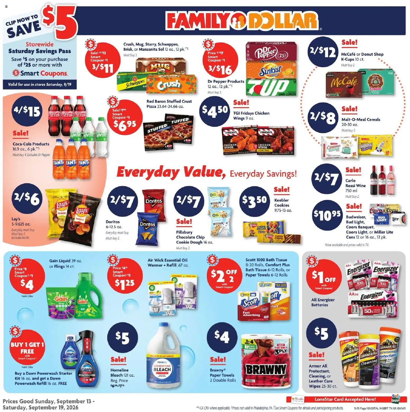 Ad Preview of Family Dollar Family Dollar Weekly Ad from 09/13/2026 - Donut, Chips, Oil, Sprite, Dough, Fanta, Starter, Chicken