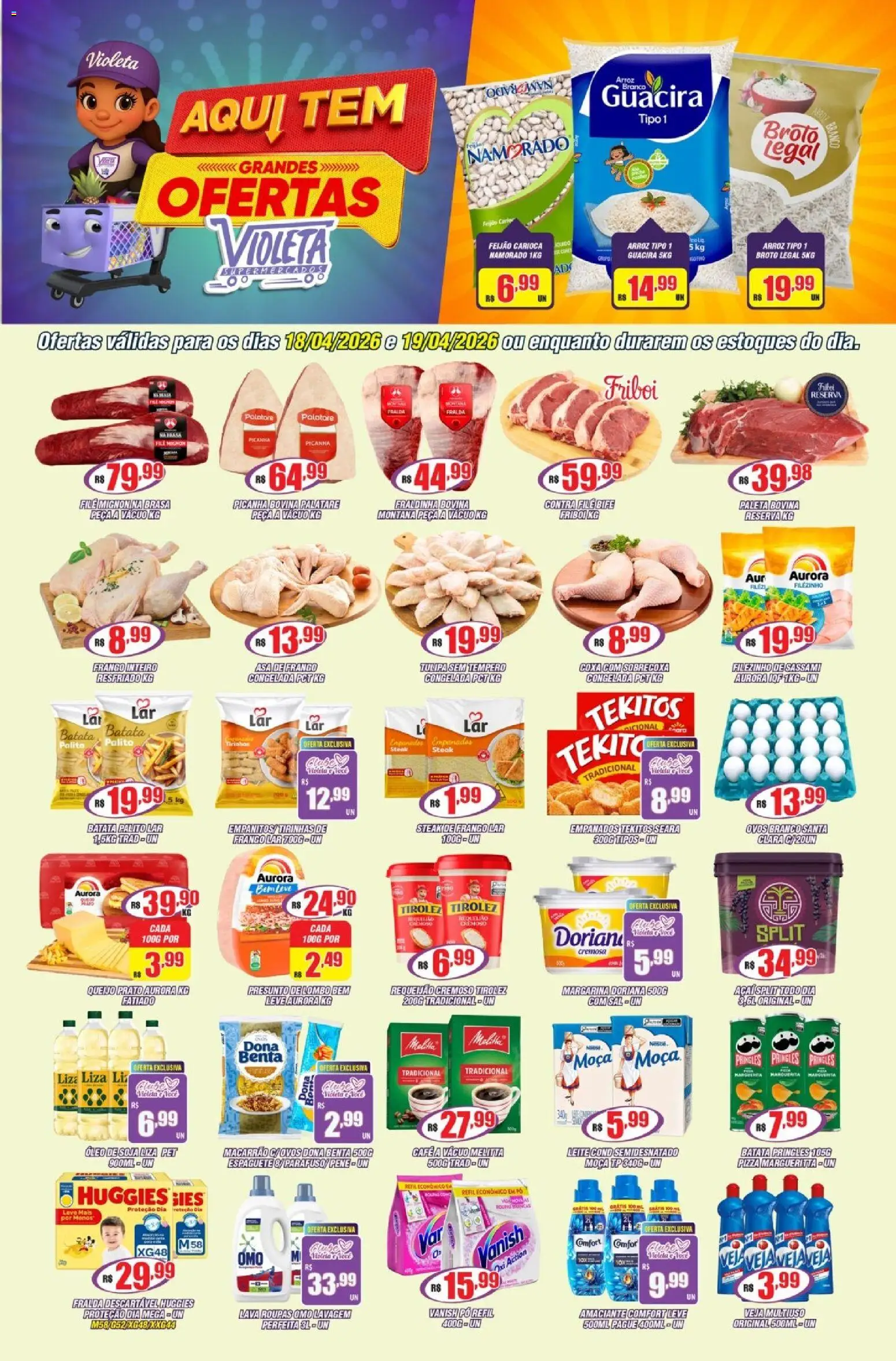 Pré-Visualização do folheto "Violeta Supermercados - Ofertas da semana" da loja Violeta Supermercados válido a partir de 18/04/2026 - Pizza, Picanha, Arroz, Leite, Soja, Pó, Filé mignon, Contra filé