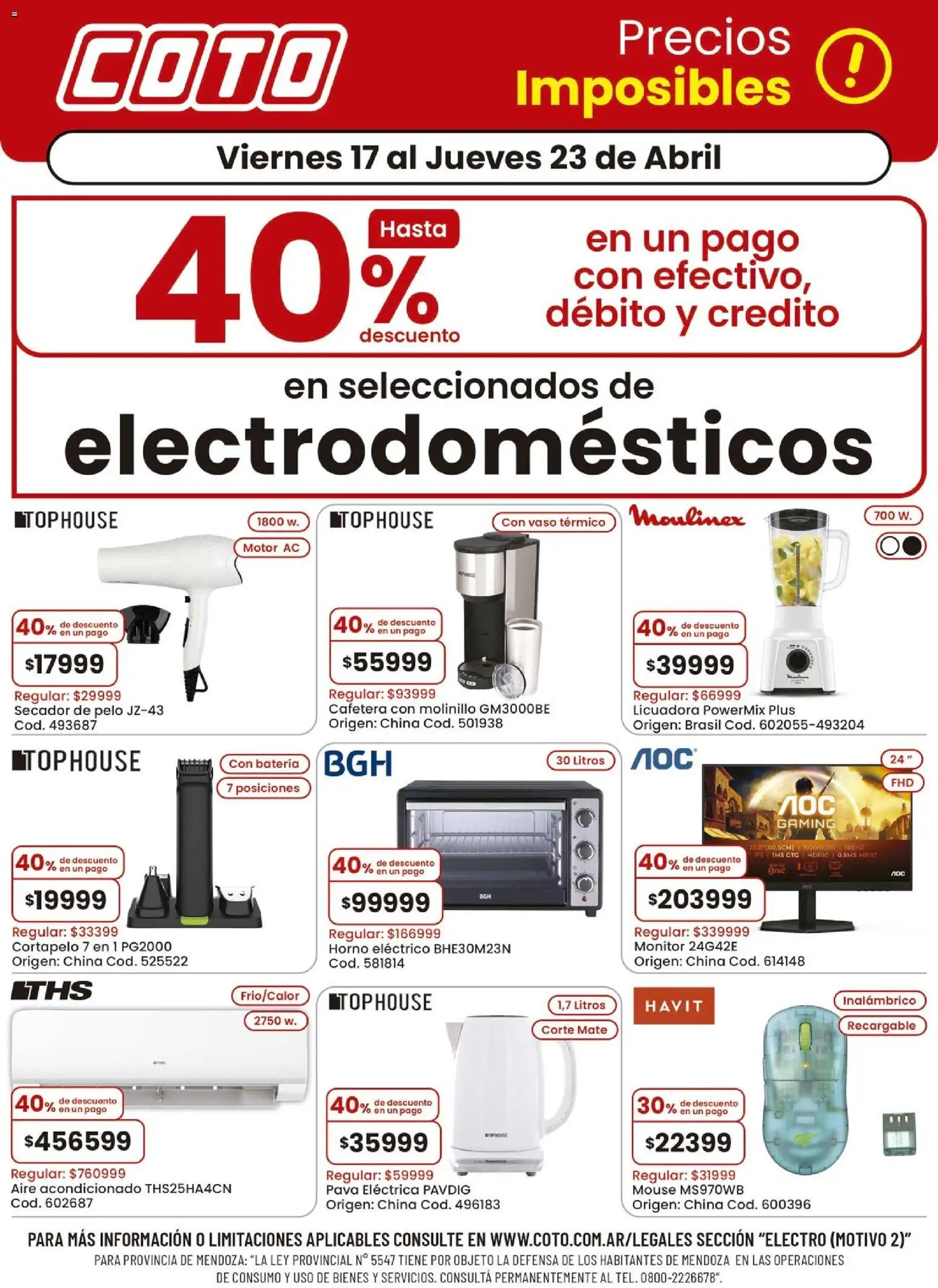 Vista previa del folleto de la tienda Coto válido desde el 17/04/2026 - Aire acondicionado, Pava eléctrica, Batería, Horno eléctrico, Cafetera, Licuadora, Mouse, Horno