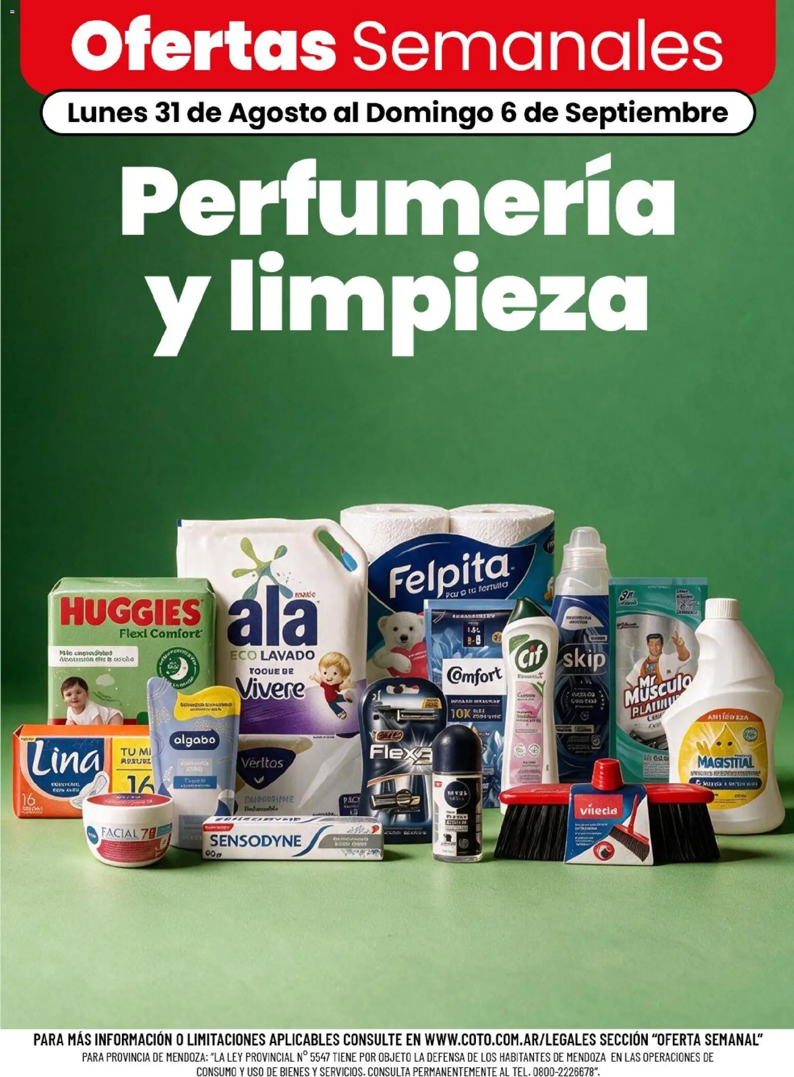 Vista previa del folleto de la tienda Coto válido desde el 31/08/2026 - Pañales, Escoba, Toallitas húmedas, Suavizante, Suavizante para ropa, Pasta dental, Pañuelos descartables, Detergente líquido para ropa
