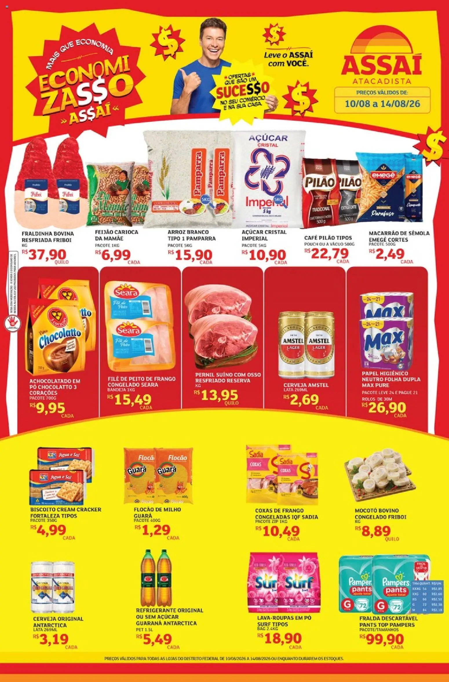 Pré-Visualização do folheto "Assaí Atacadista ofertas - DF" da loja Assaí Atacadista válido a partir de 10/08/2026 - Água, Macarrão, Sal, Frango, Peito de frango, Fraldinha, Bandeja, Guaraná