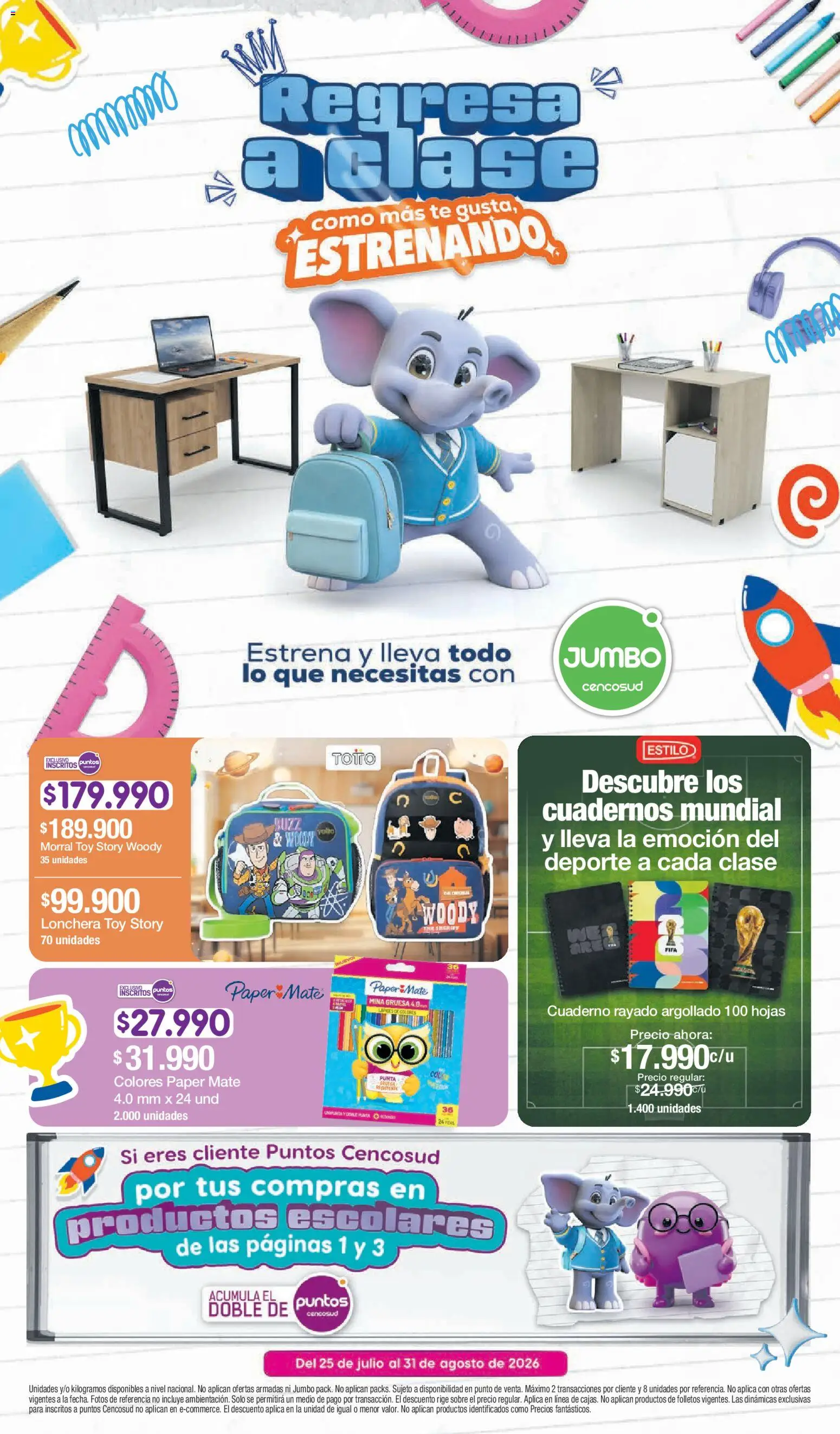  Vista previa del prospecto Jumbo Regresa a clase del almacen Jumbo válida del 25/07/2026 al 31/08/2026 - Pollo, Té, Cuaderno, Sobre, Lonchera, Morral