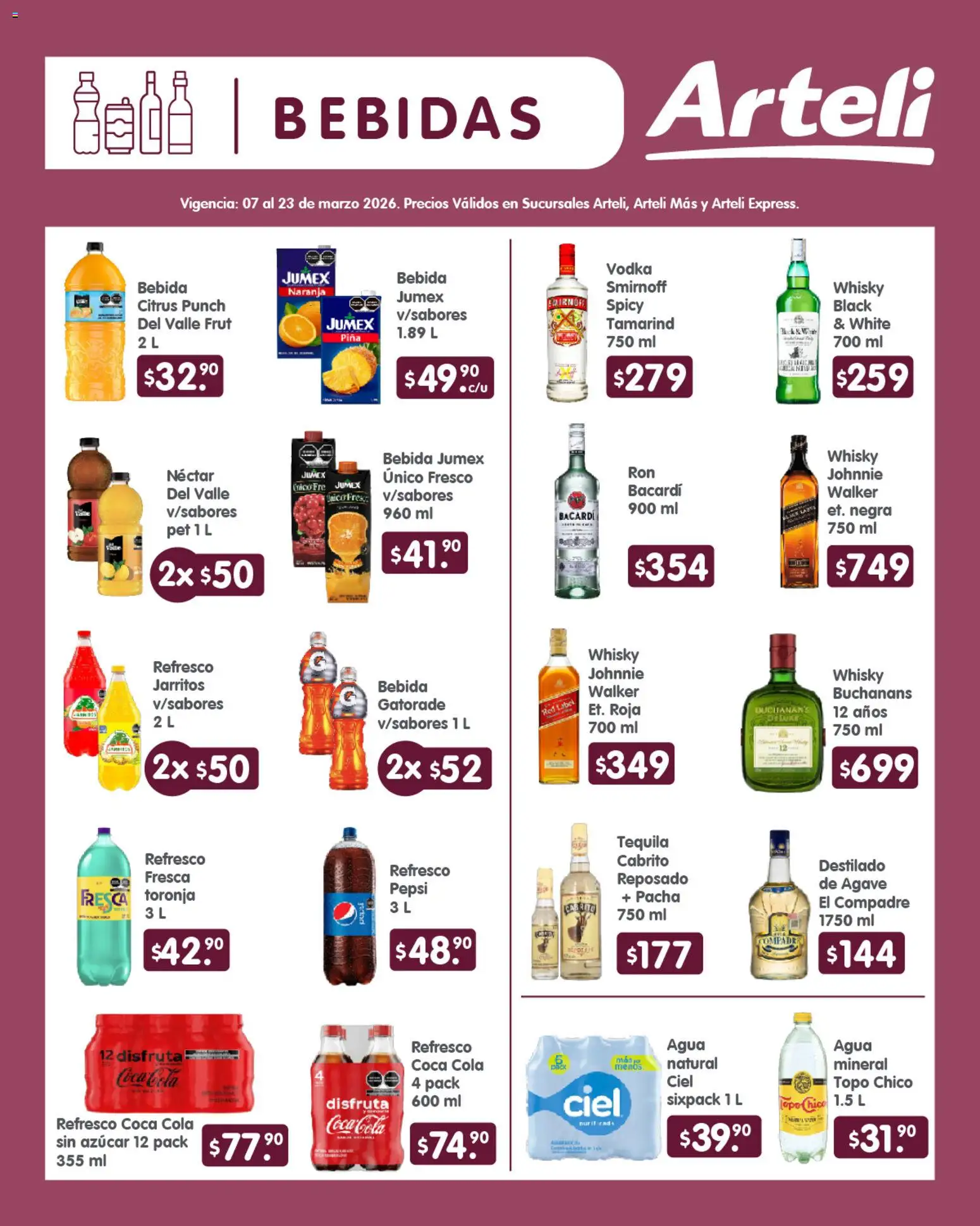 Vista previa las ofertas de la tienda Arteli - Arteli folleto Quincenal desde el 07/03/2026 - Agua, Whisky, Azúcar, Bebidas, Piña, Refresco, Agave, Toronja