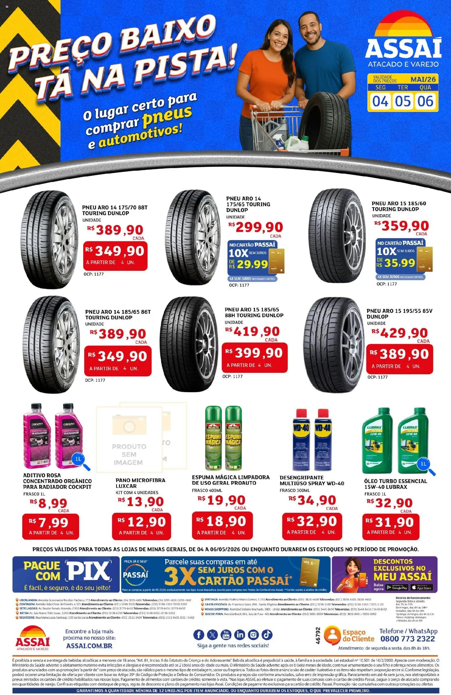 Pré-Visualização do folheto "Assaí Atacadista ofertas - MG" da loja Assaí Atacadista válido a partir de 04/05/2026 - Telefone, Bebidas, Óleo, Pneus, Base, Bebida, Alimentos, Baixo