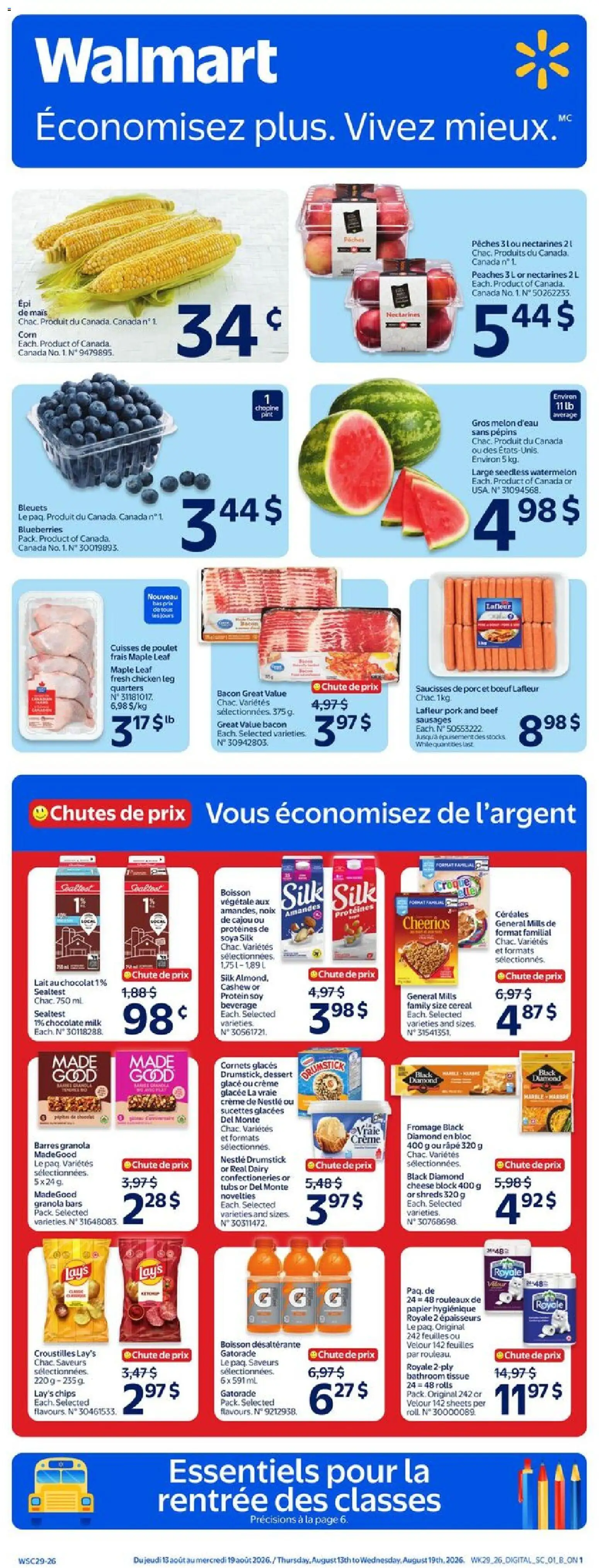 Preview of leaflet Walmart circulaire from shop Walmart is valid from Aug 13, 2026 - Chicken, Chocolate, Chips, Milk, Beef, Sausages, Cashew, Nectarines