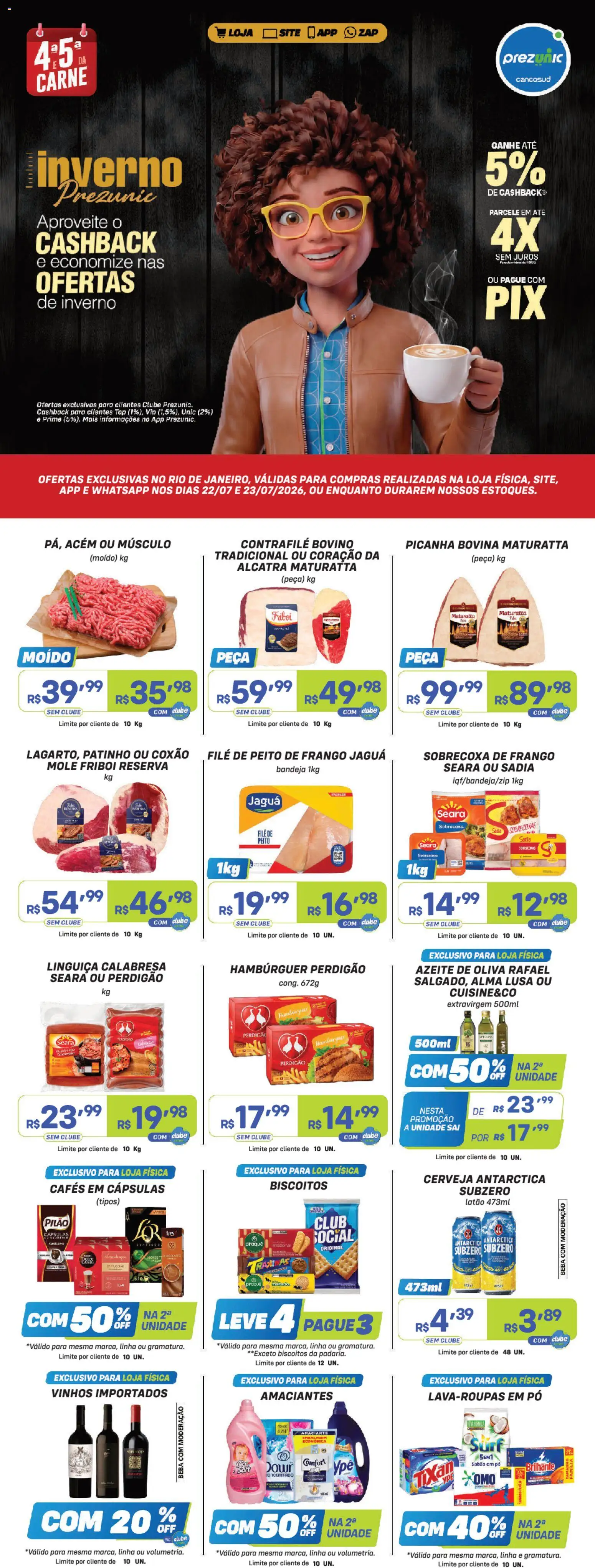 Pré-Visualização do folheto "Prezunic ofertas" da loja Prezunic válido a partir de 22/07/2026 - Pá, Carne, Frango, Azeite de oliva, Bandeja, Sabão, Acém, Coxão mole
