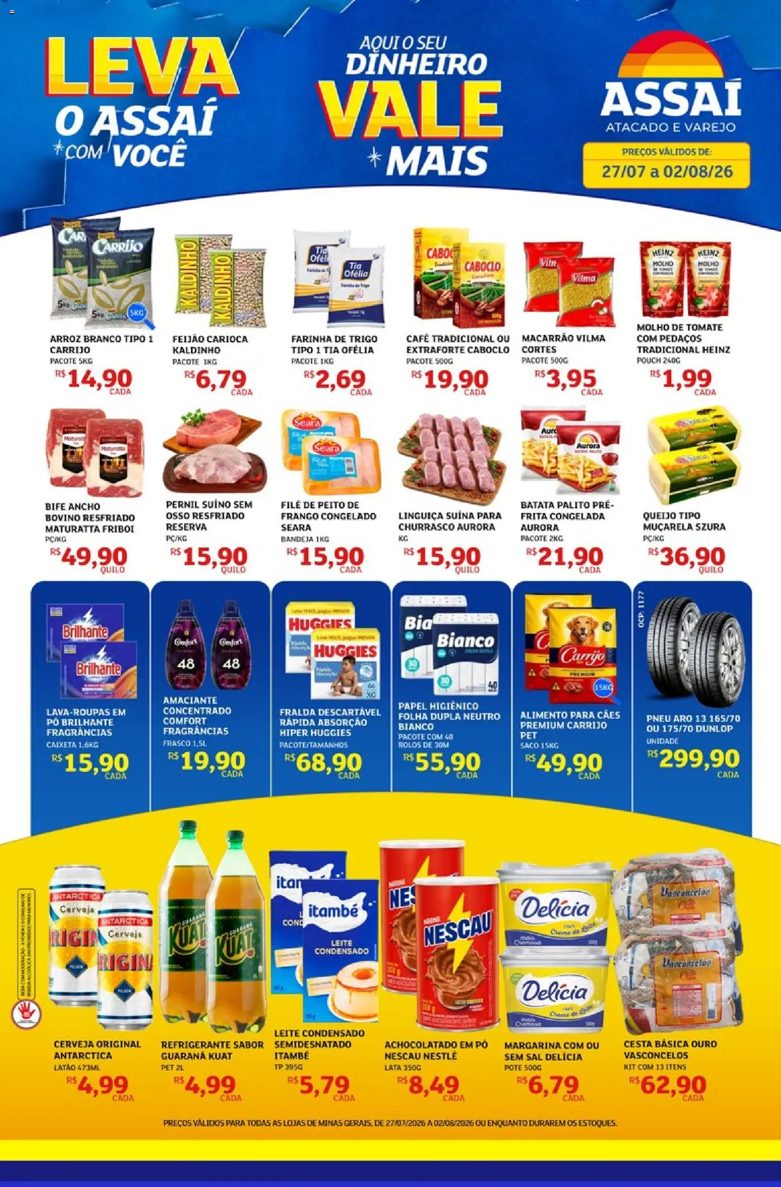 Pré-Visualização do folheto "Assaí Atacadista ofertas - MG" da loja Assaí Atacadista válido a partir de 27/07/2026 - Cerveja, Sal, Feijão, Papel higiênico, Amaciante, Pó, Bandeja, Margarina