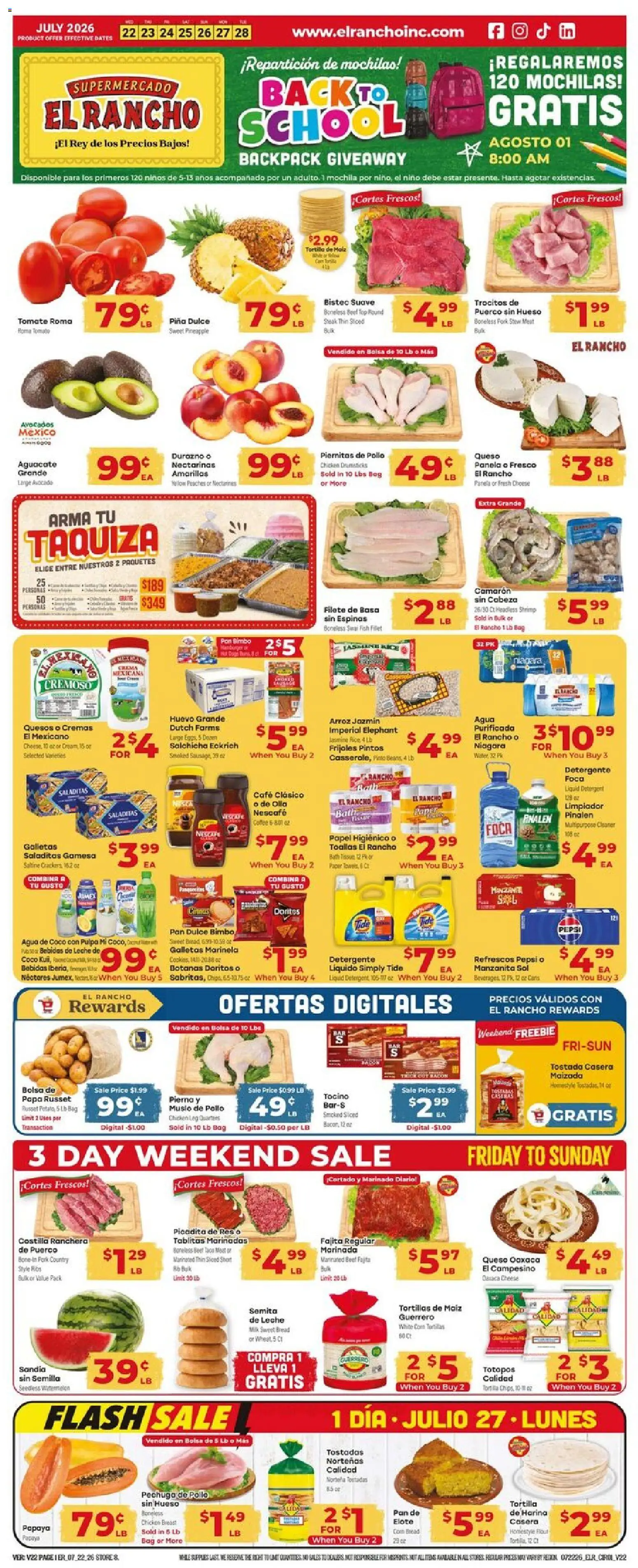 Ad Preview of El Rancho El Rancho Weekly Ad from 07/22/2026 - Steak, Cheese, Milk, Pineapple, Pan, Bag, Bath, Chicken