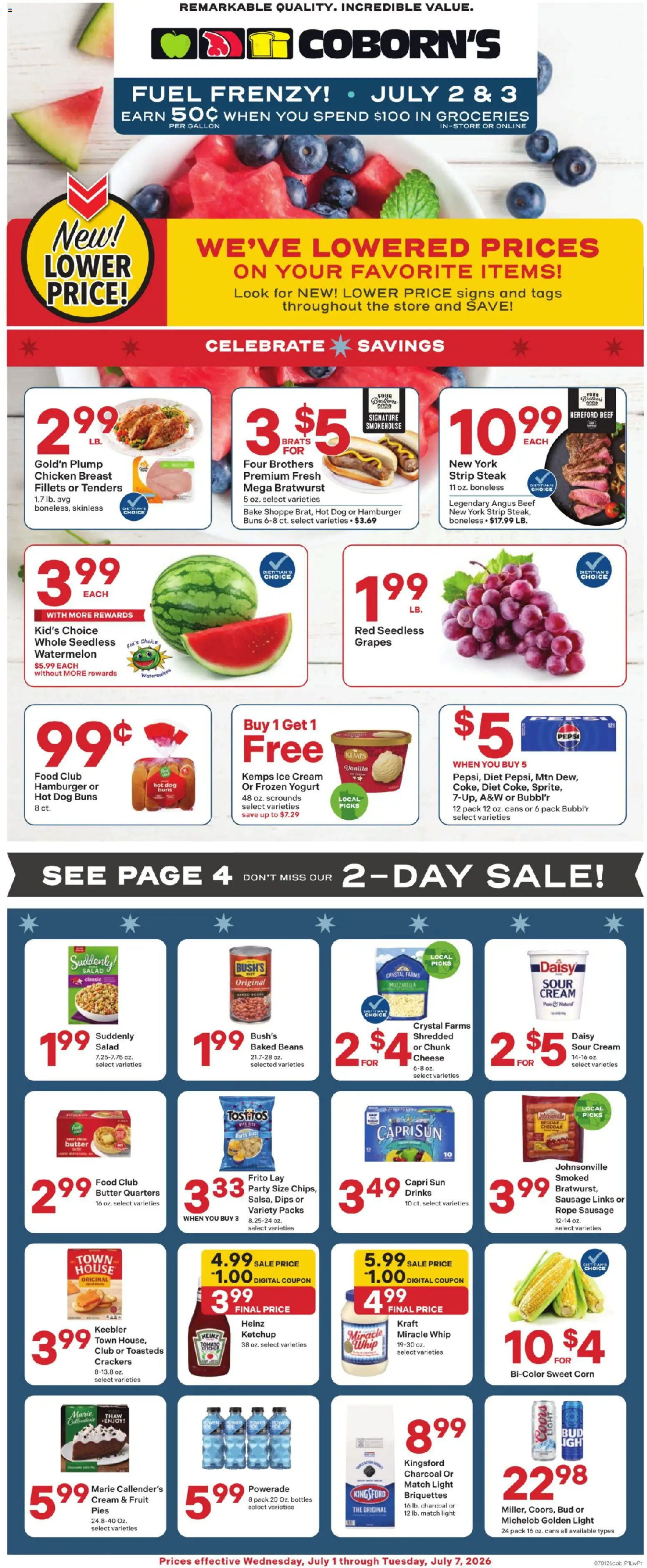 Ad Preview of Coborn's Coborn's Weekly Ad from 07/01/2026 - Hamburger, Chips, Butter, Pepsi, Beans, Charcoal, Crackers, Chicken