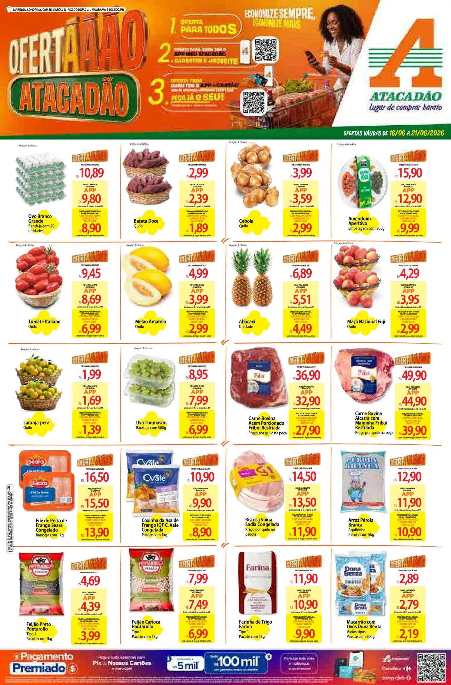 Pré-Visualização do folheto "Atacadão ofertas - PR" da loja Atacadão válido a partir de 16/06/2026 - Uva, Ovos, Feijão, Doce, Batata, Bandeja, Farinha, Maminha