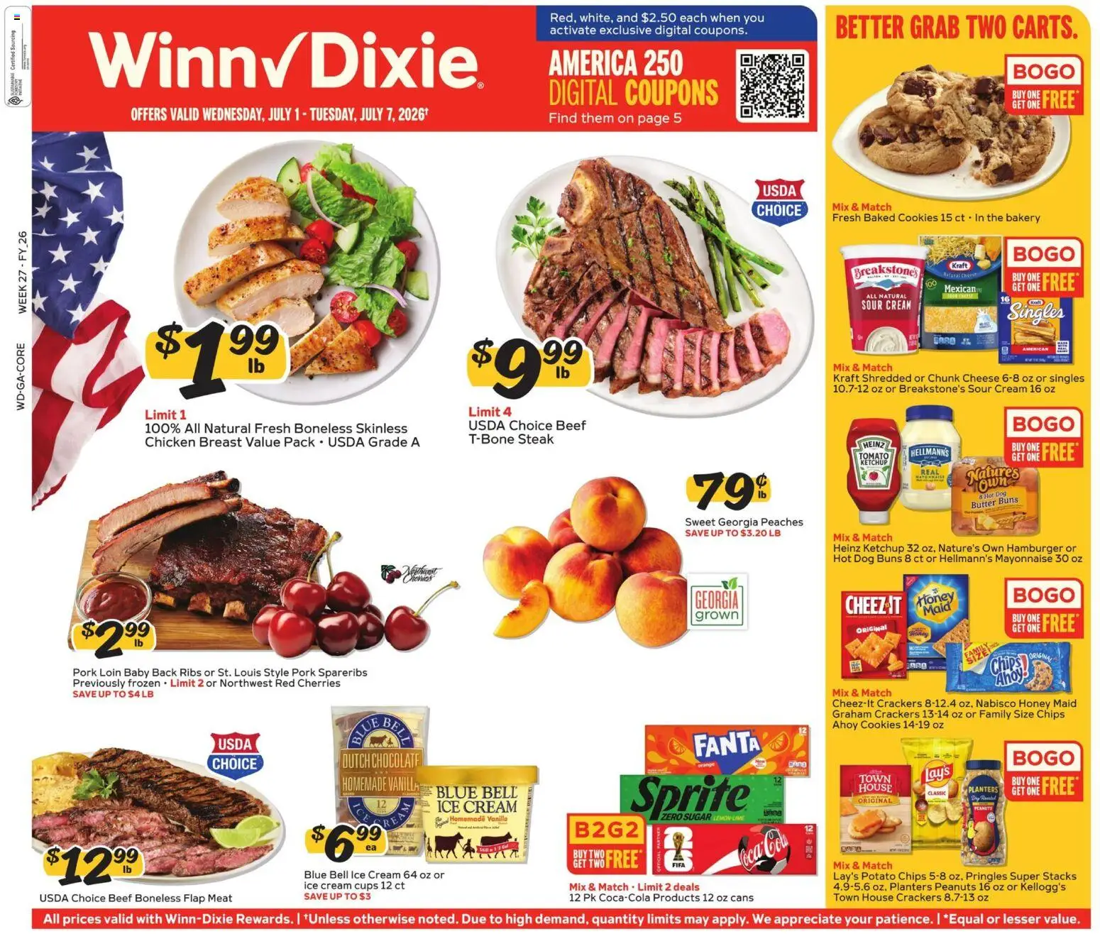 Ad Preview of Winn Dixie Winn Dixie Weekly Ad from 07/01/2026 - Ice, Steak, Chips, Cheese, Cream, Sour cream, Mayonnaise, Pork loin