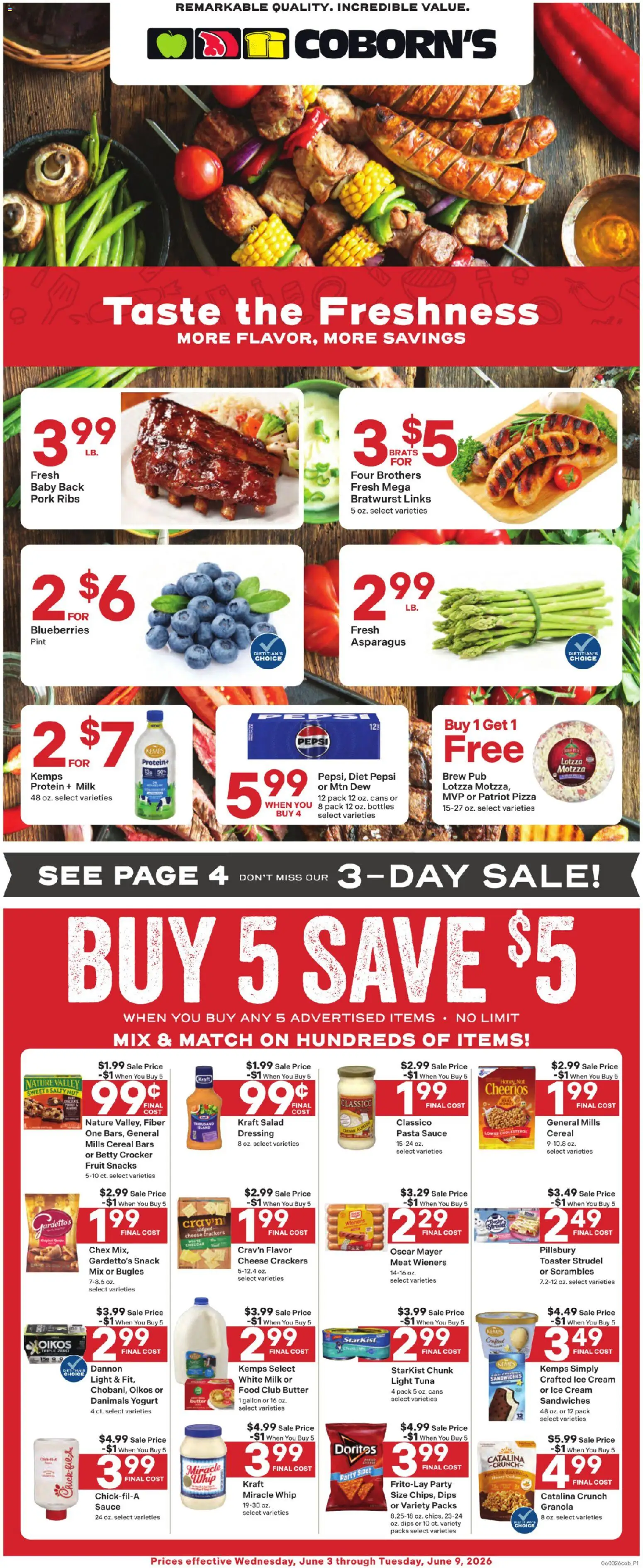 Ad Preview of Coborn's Coborn's Weekly Ad from 06/03/2026 - Ice cream, Salad, Fruit, Dressing, Yogurt, Tuna, Bratwurst, Sauce