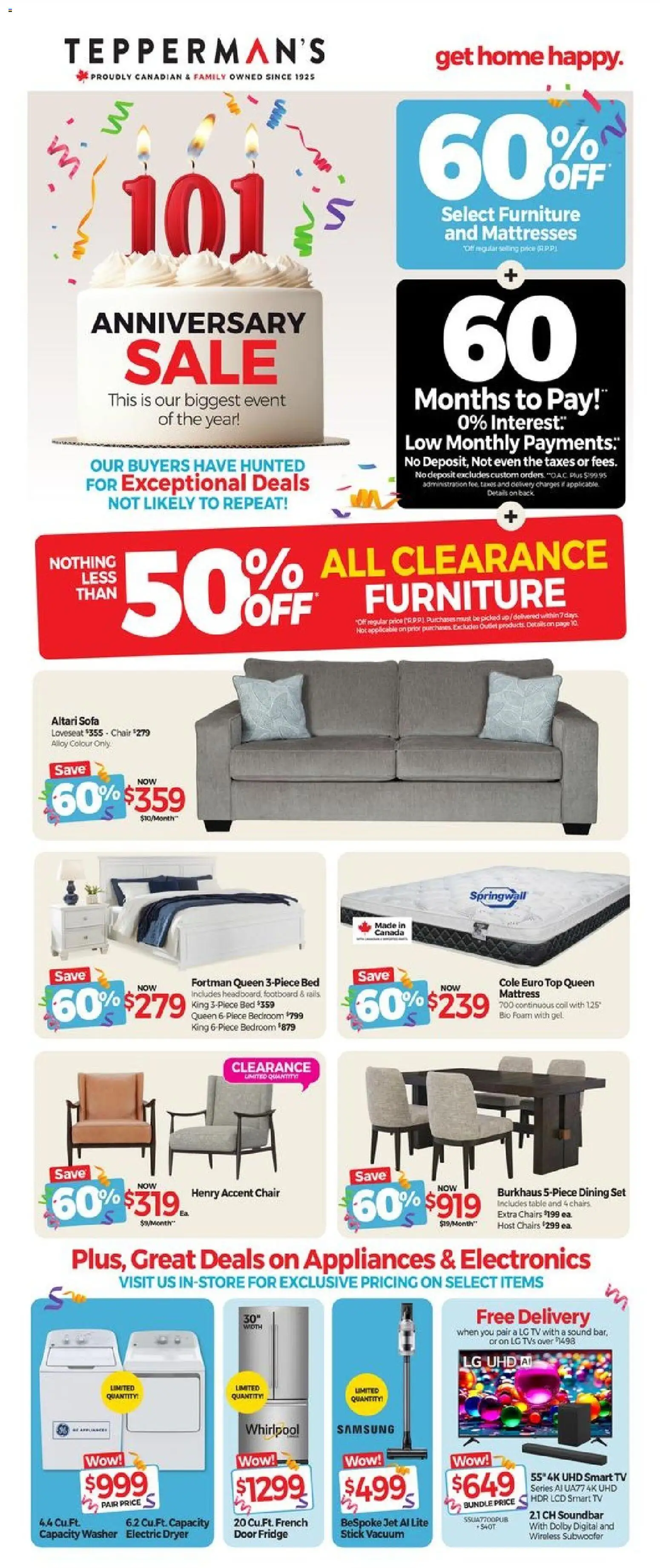 Preview of leaflet Tepperman's weekly flyer / circulaire from shop Tepperman's is valid from Mar 13, 2026 - Mattresses, Sofa, Bed, Chair, Foam, Soundbar, Dining set, Table