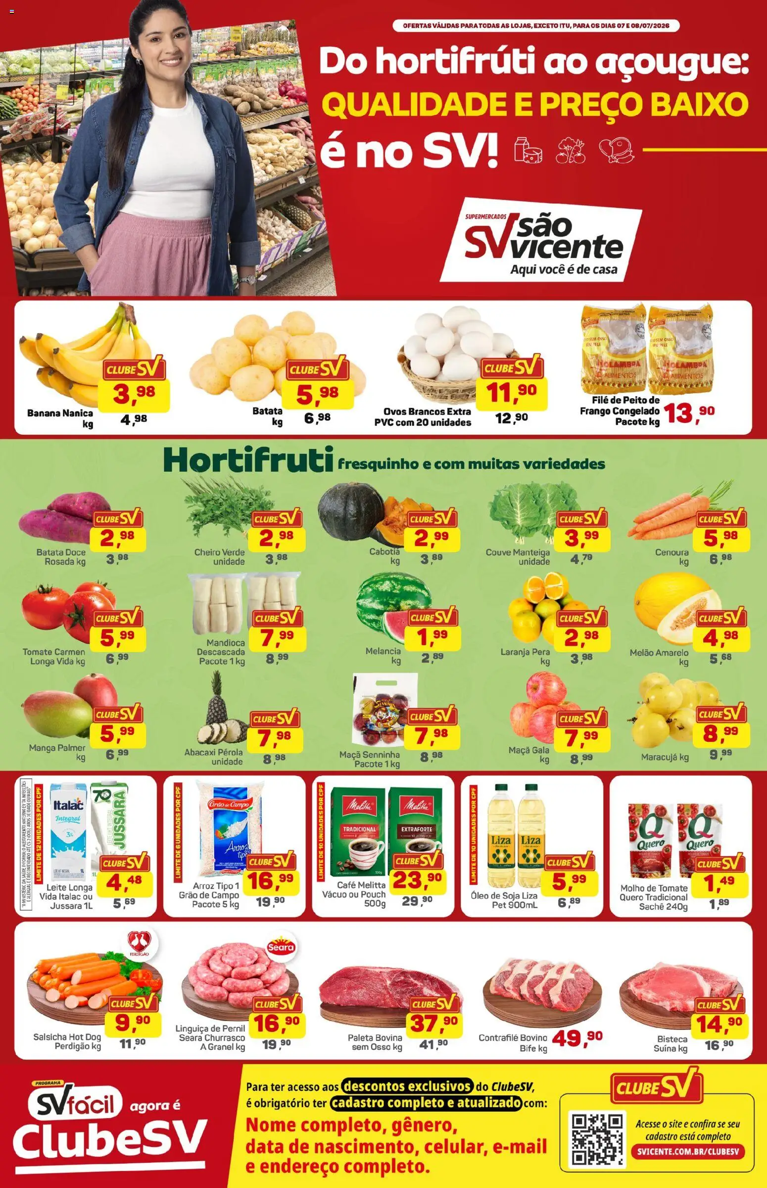 Pré-Visualização do folheto "Supermercados São Vicente - Ofertas da semana" da loja Supermercados São Vicente válido a partir de 07/07/2026 - Manga, Óleo, Arroz, Abacaxi, Pera, Tomate, Alimentos, Baixo