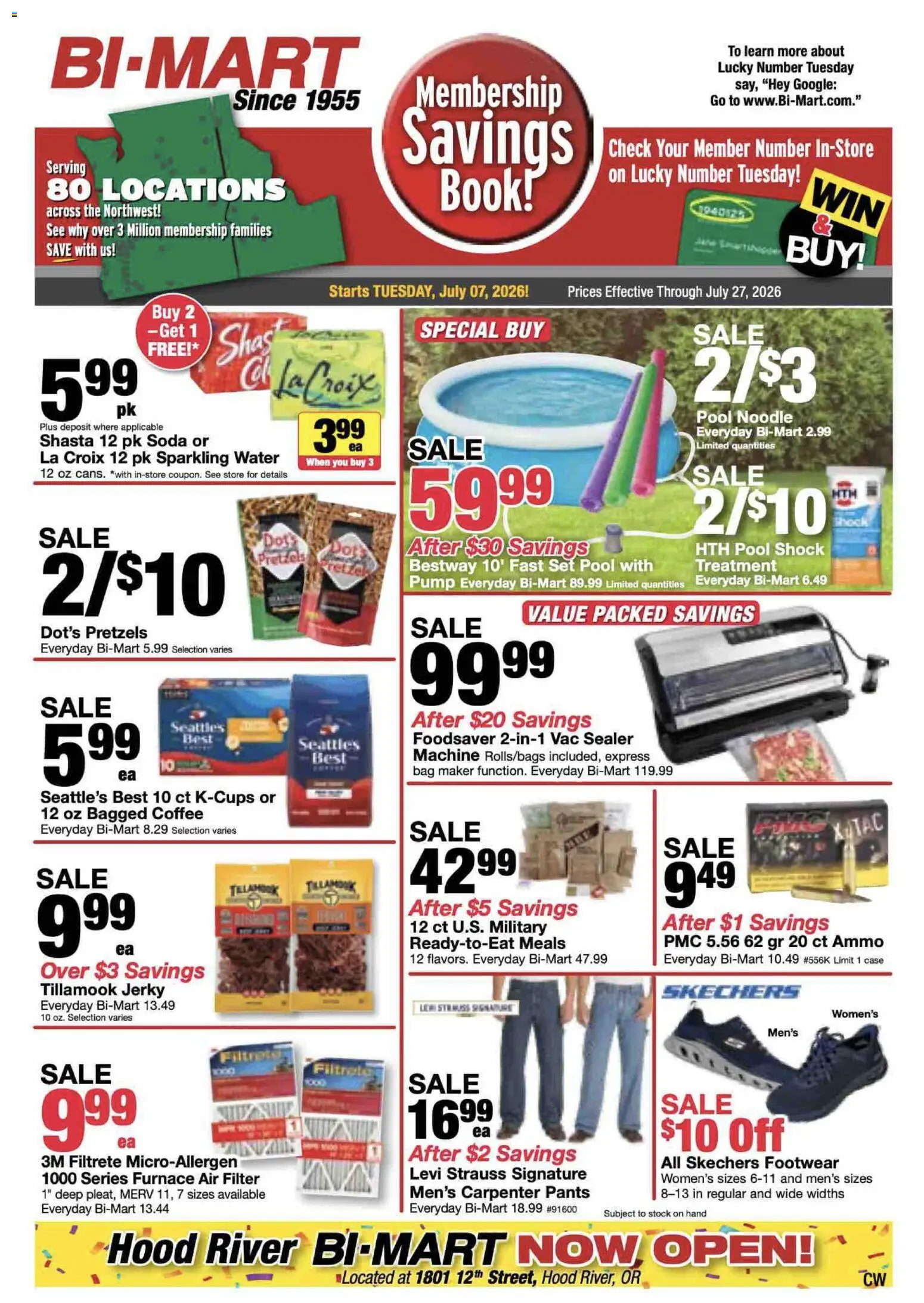Ad Preview of Bi-Mart Bi-Mart Membership Savings Book from 07/07/2026 - Coffee, Water, Pants, Bag, Shock, Case, Jerky, Ammo