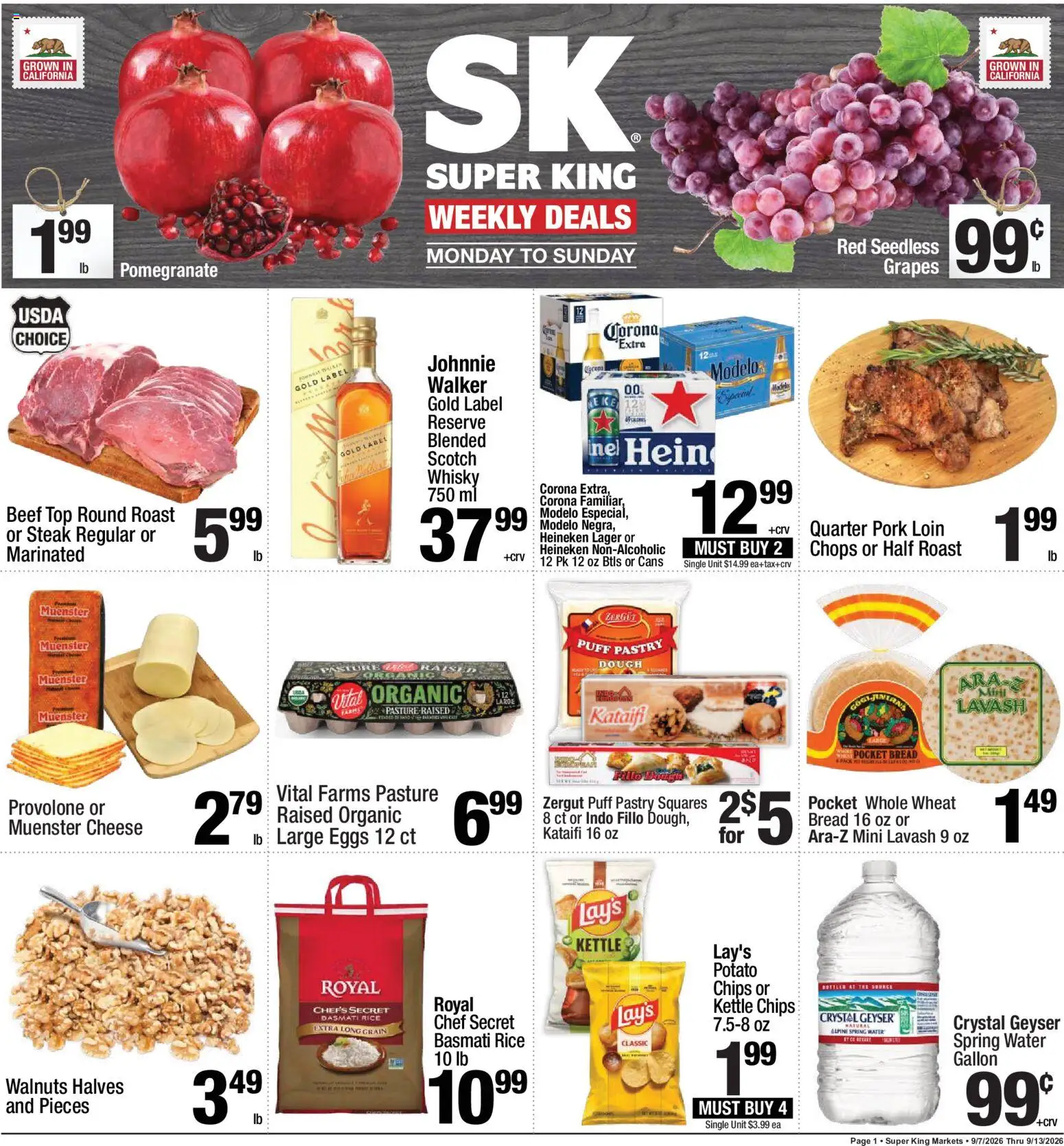 Ad Preview of Super King Super King Weekly Ad from 09/07/2026 - Eggs, Cheese, Bread, Beef, Basmati rice, Heineken, Pork loin, Dough