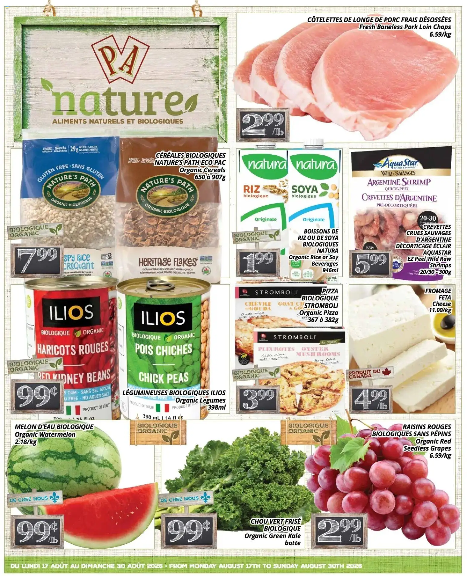 Preview of leaflet Pa Supermarché - nature Flyer from shop Pa Supermarché is valid from Aug 17, 2026 - Cheese, Shrimp, Kale, Watermelon, Rice, Cereals, Legumes, Flakes