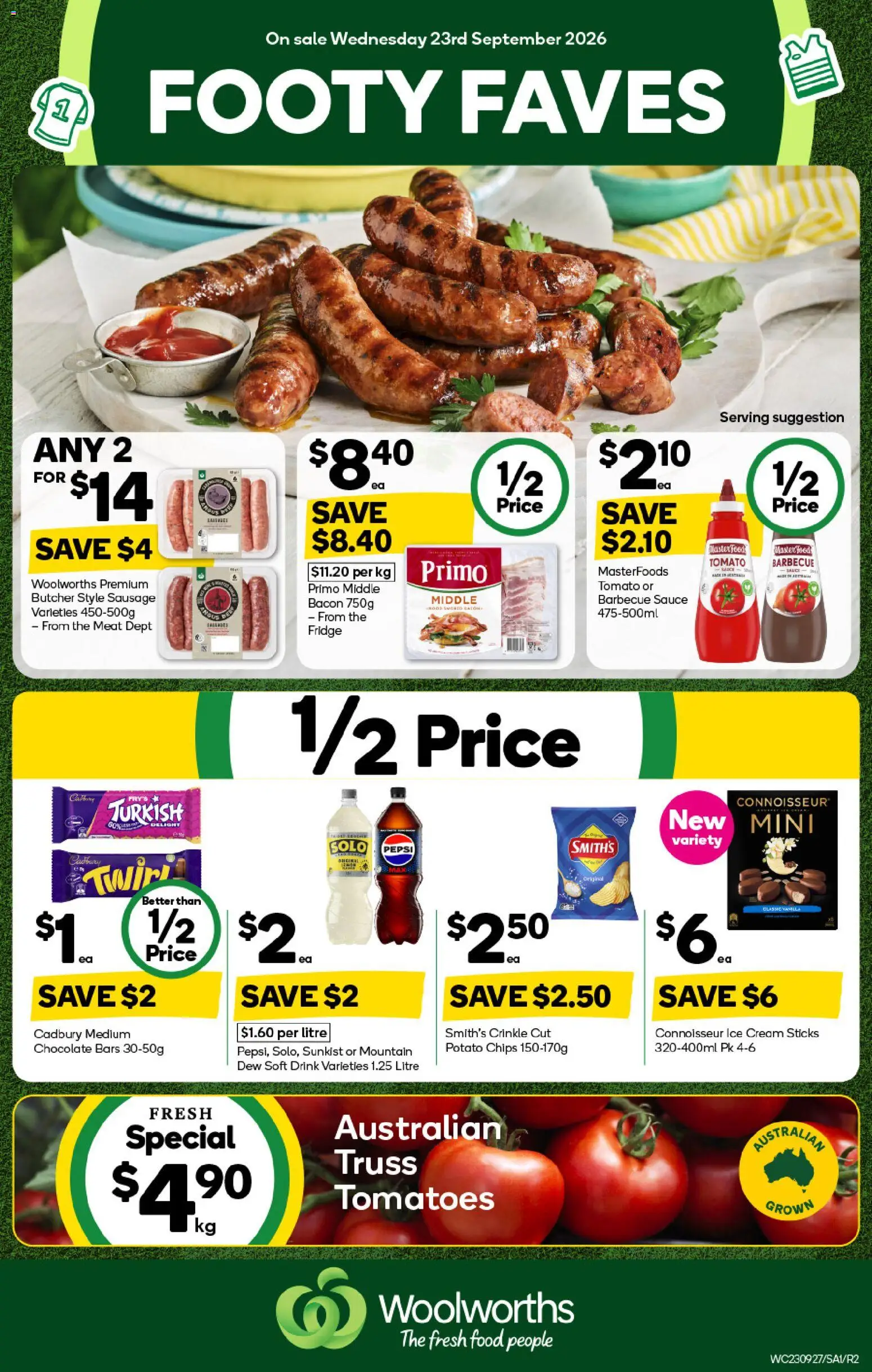 Preview of catalogue Woolworths catalogue SA from shop Woolworths valid 23/09/2026 - Bacon, Chocolate, Tomatoes, Meat, Pepsi, Chips, Ice cream, Tomato