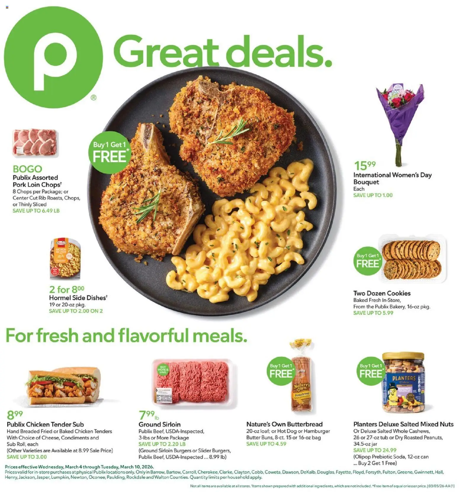 Ad Preview of Publix Publix Weekly Ad from 03/04/2026 - Cookies, Hamburger, Butter, Nuts, Bag, Pork, Pork loin, Chicken