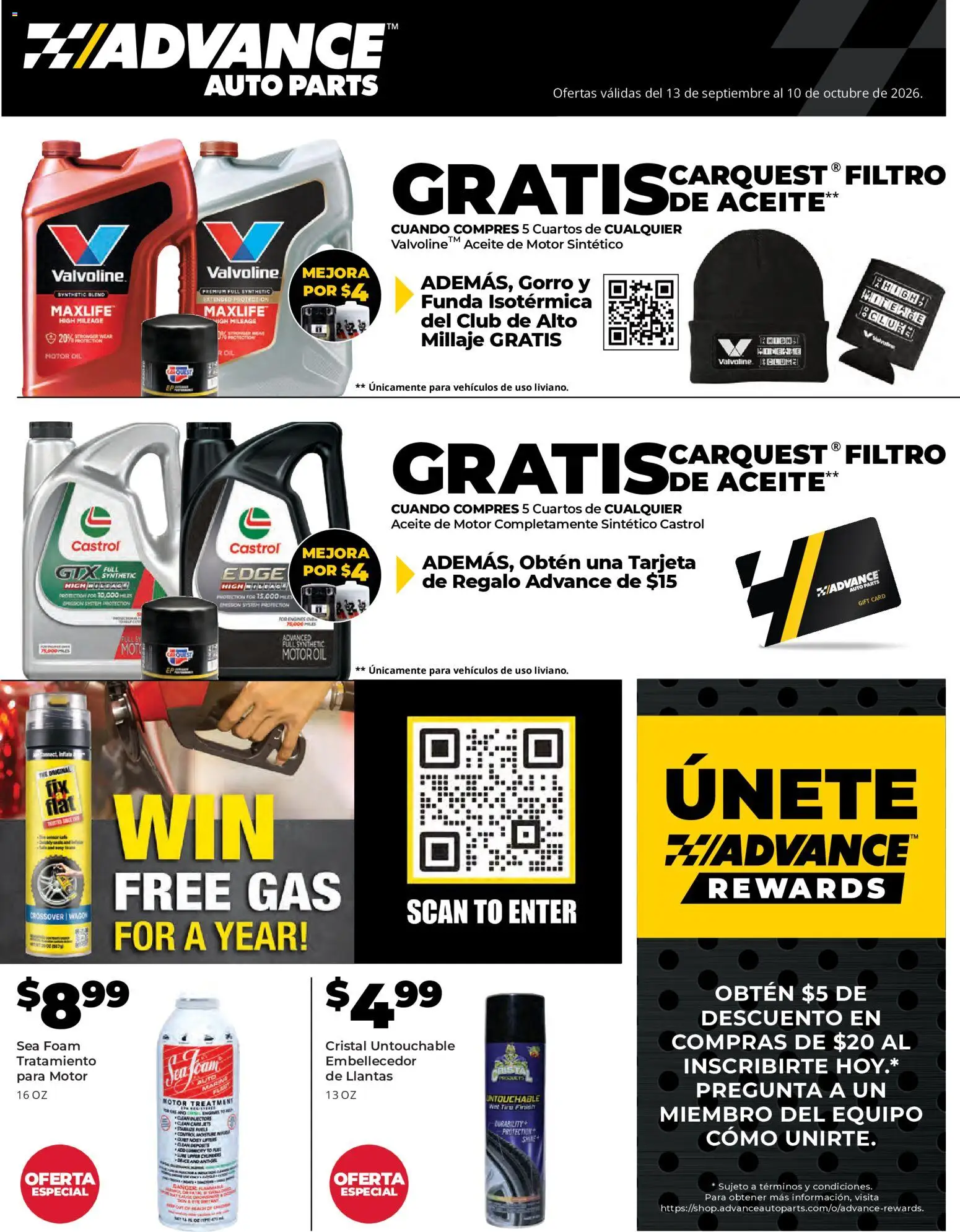 Ad Preview of Advance Auto Parts Advance Auto Parts Sales Ad - Spanish from 09/13/2026 - Oil, Foam, Motor Oil