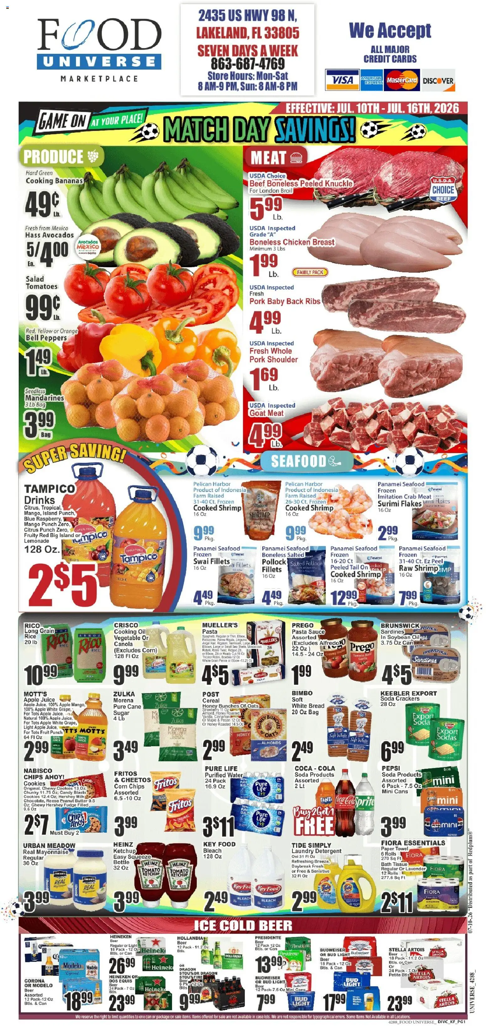 Ad Preview of Food Universe Food Universe Weekly Ad from 07/10/2026 - Chips, Tomatoes, Peppers, Sugar, Beef, Crackers, Almonds, Laundry detergent