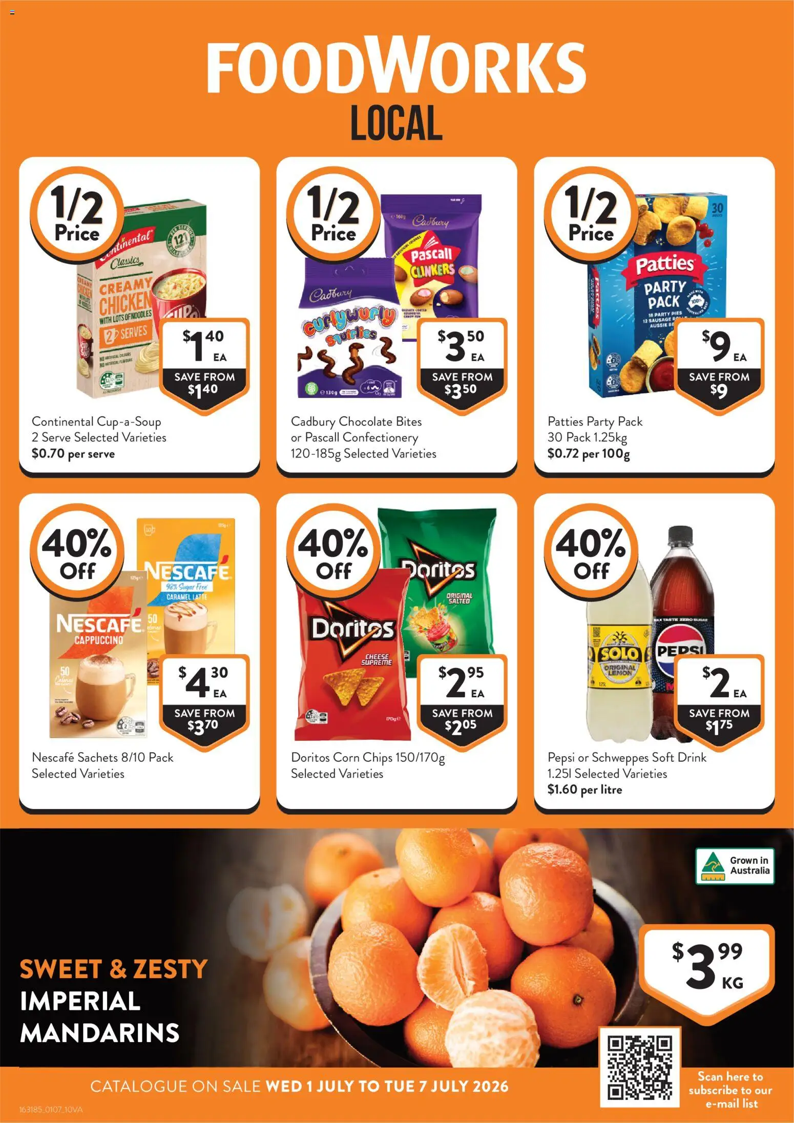 Preview of catalogue Foodworks catalogue from shop Foodworks valid 01/07/2026 - Confectionery, Chicken, Pepsi, Chips, Sachets, Lemon, Pies, Nescafe