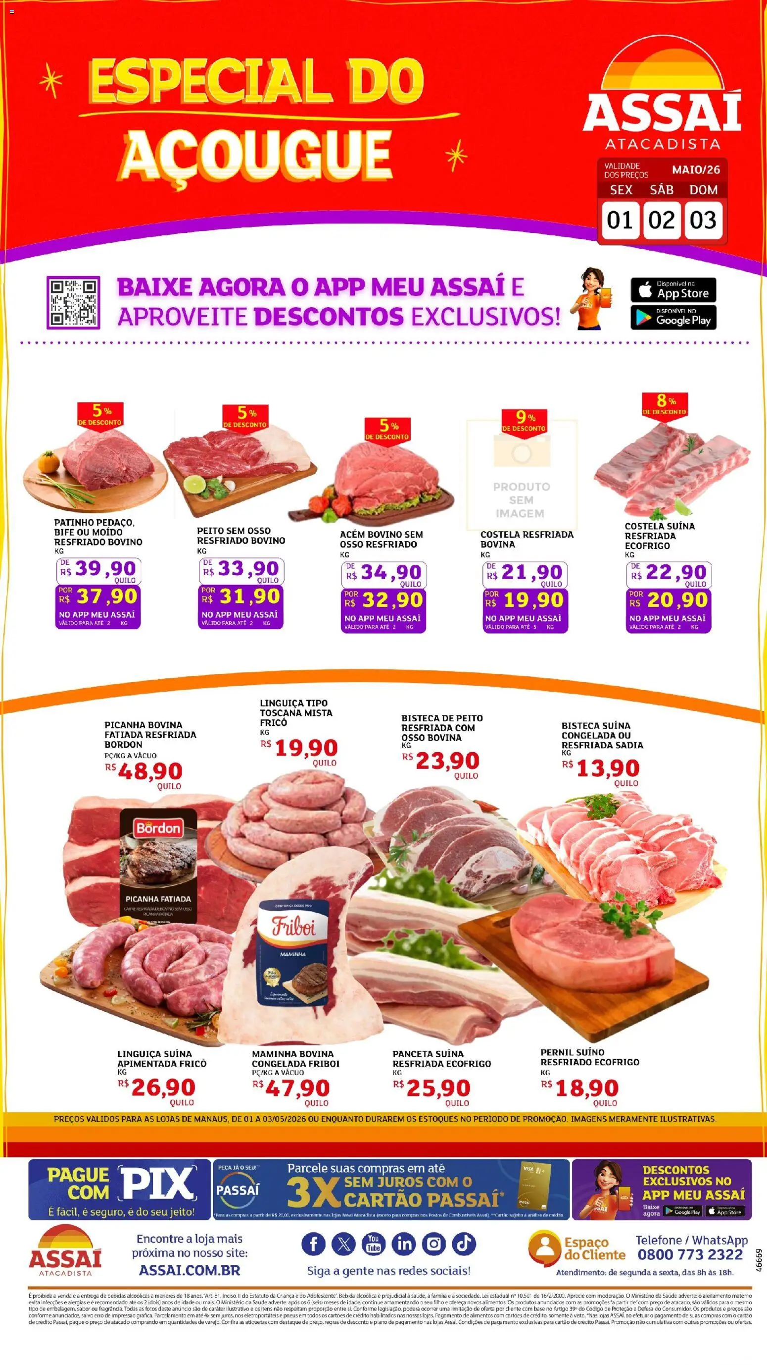 Pré-Visualização do folheto "Assaí Atacadista ofertas - AM" da loja Assaí Atacadista válido a partir de 01/05/2026 - Telefone, Piano, Picanha, Bebidas, Carne, Alimentos, Maminha, Pernil suíno