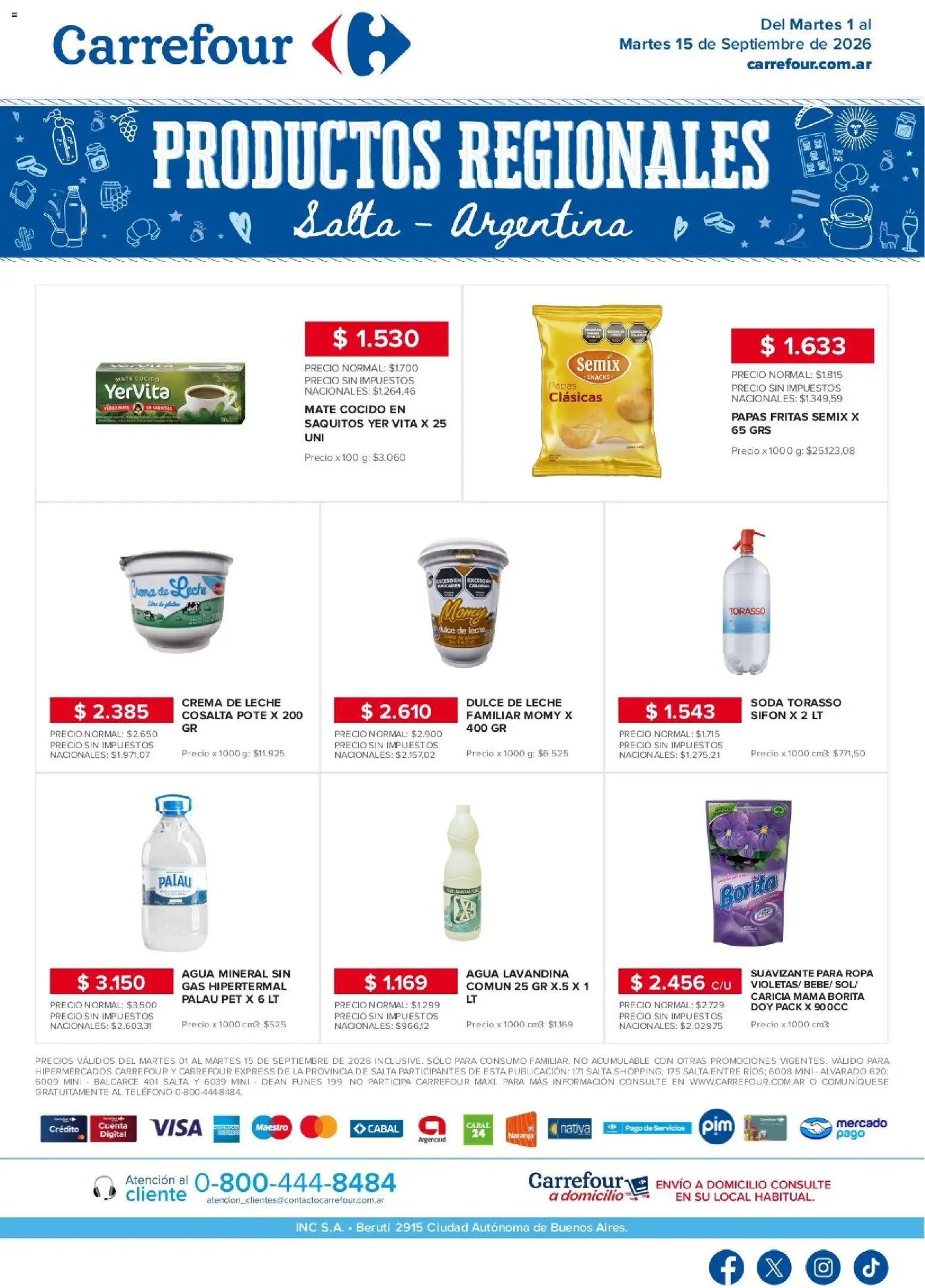 Vista previa del folleto de la tienda Carrefour válido desde el 01/09/2026 - Papas, Ropa, Crema de leche, Lavandina, Mate cocido, Dulce, Agua mineral, Suavizante