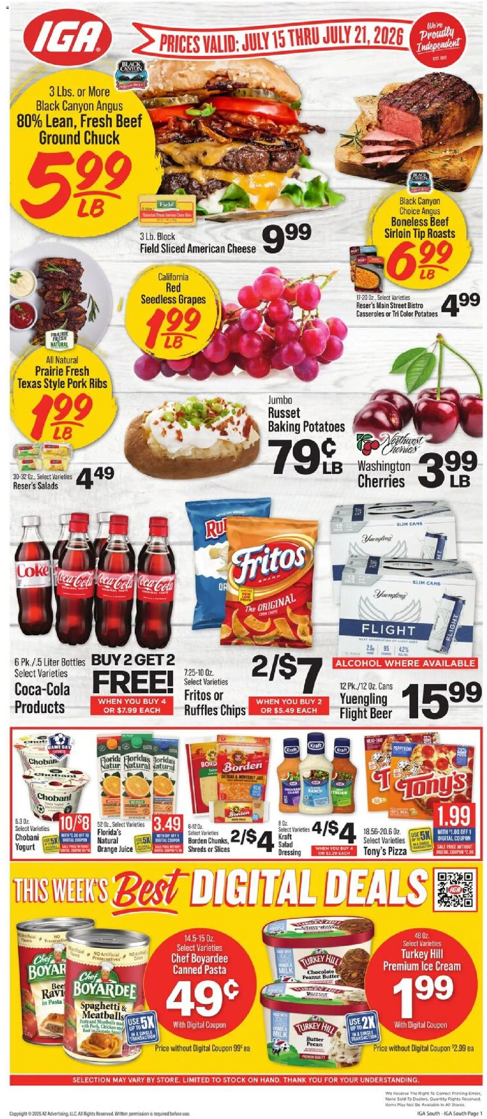 Ad Preview of IGA IGA Weekly Ad from 07/15/2026 - Turkey, Pasta, Ice, Juice, Cream, Orange juice, Seedless grapes, Chicken