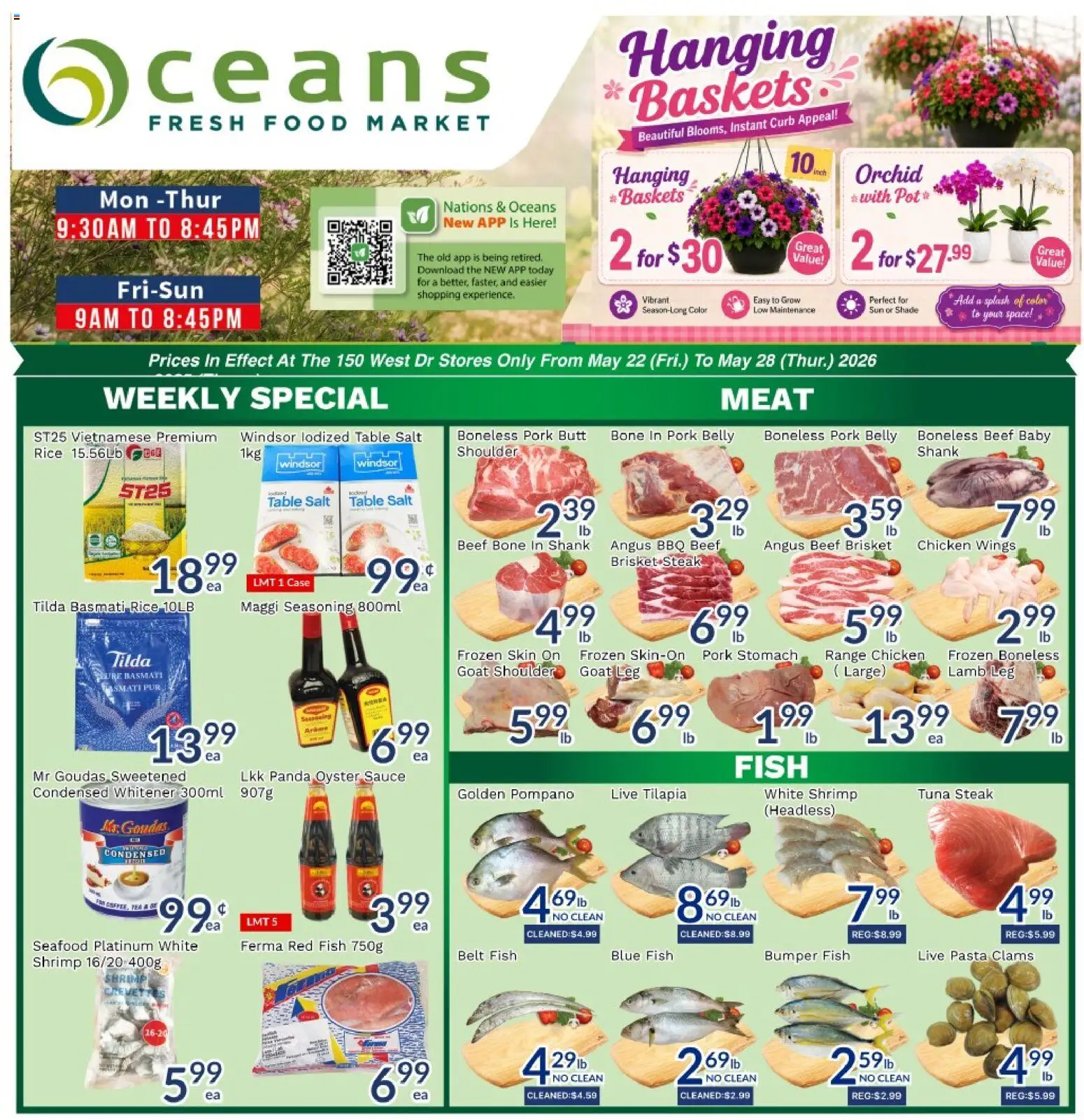 Preview of leaflet Oceans weekly flyer / circulaire from shop Oceans is valid from May 22, 2026 - Food, Chicken, Tea, Chicken wings, Orchid, Salt, Basmati rice, Case