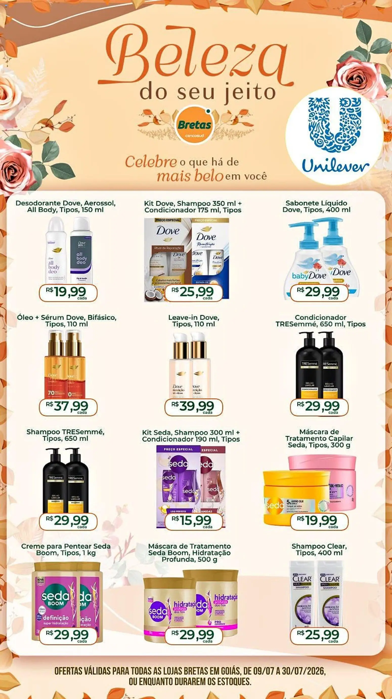 Pré-Visualização do folheto "Bretas ofertas Beleza" da loja Bretas válido a partir de 09/07/2026 - Desodorante, Óleo, Body, Sabonete líquido, Creme, Sérum, Dove, Condicionador