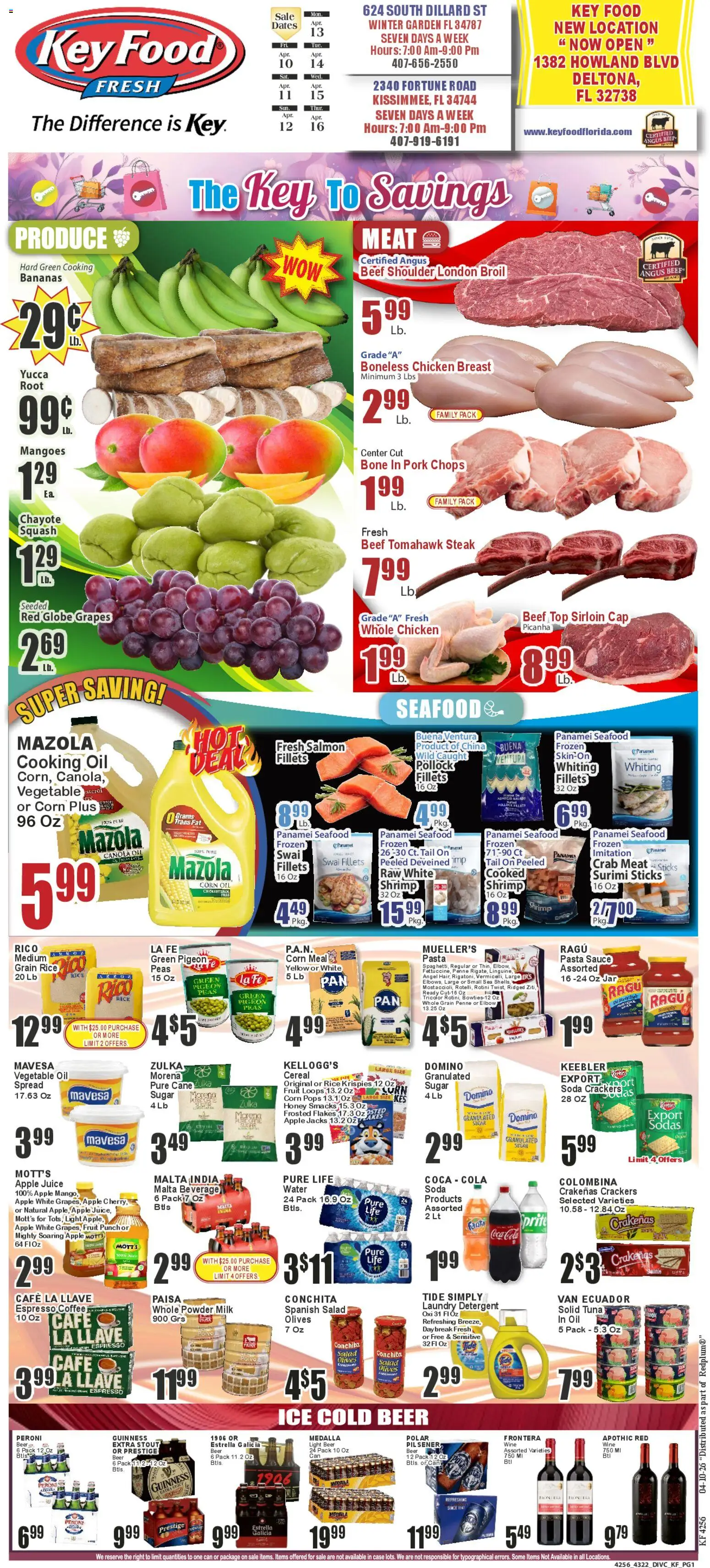 Ad Preview of Key Food Key Food Weekly Ad from 04/10/2026 - Ice, Fruit, Jacks, Rice, Oil, Olives, Pork, Spread