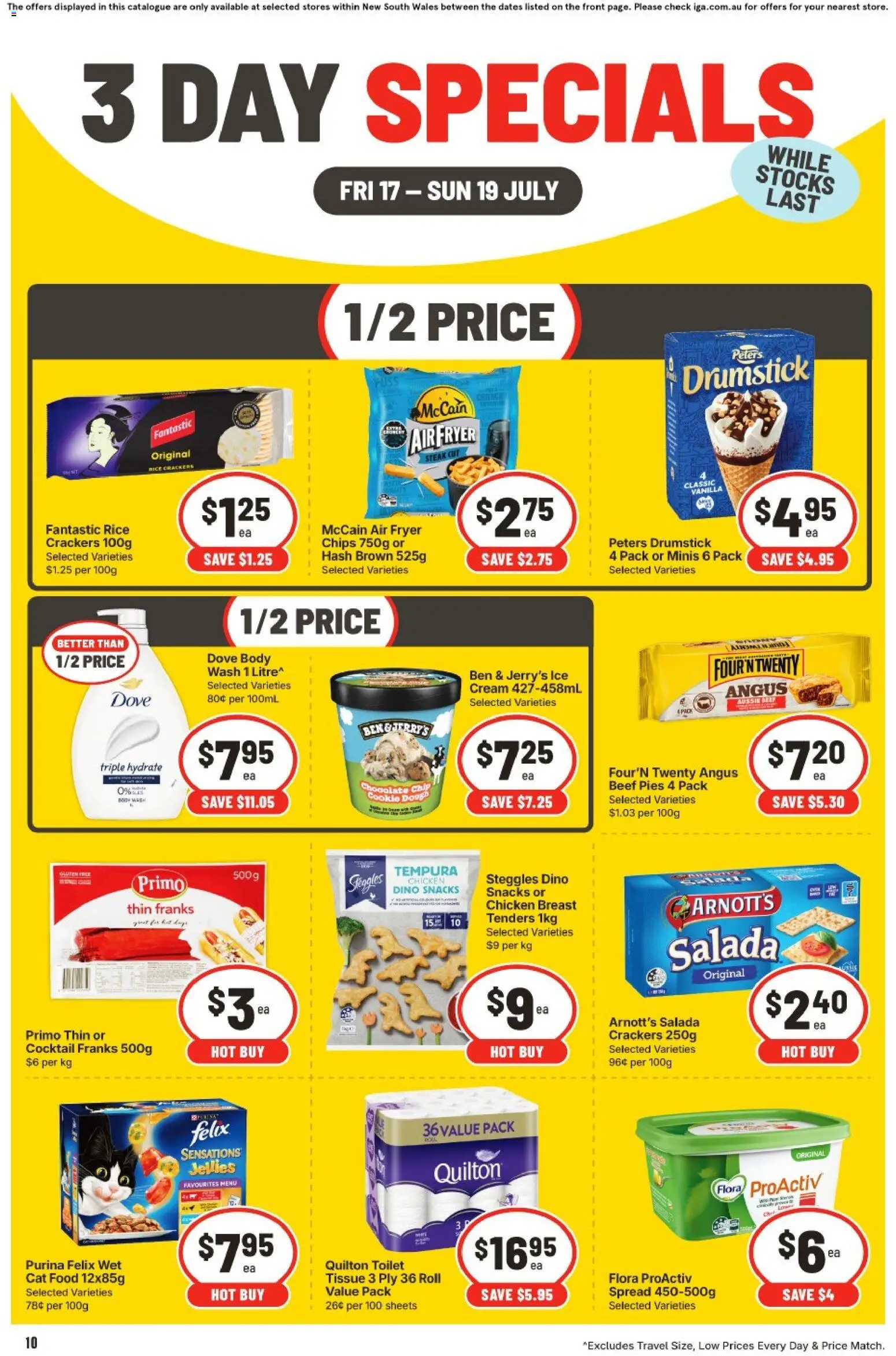 Preview of catalogue IGA 3 Day Specials NSW from shop IGA valid 17/07/2026 - Toilet, Crackers, Chicken, Chips, Cream, Steak, Dough, Spread