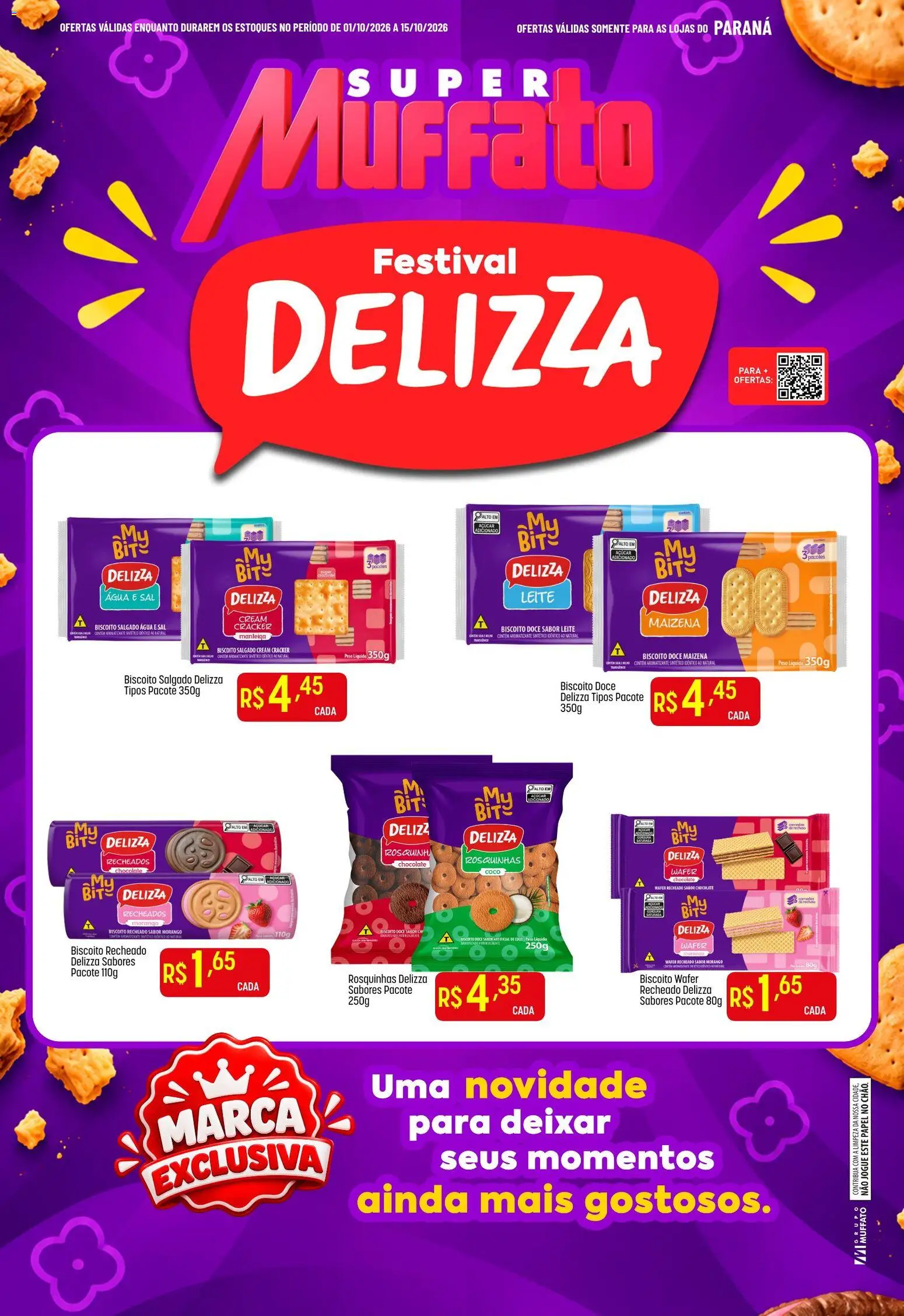 Pré-Visualização do folheto "Super Muffato ofertas Festival Delizza" da loja Super Muffato válido a partir de 01/10/2026 - Coco, Chocolate, Água, Sal, Doce, Manteiga, Cream cracker, Biscoito salgado