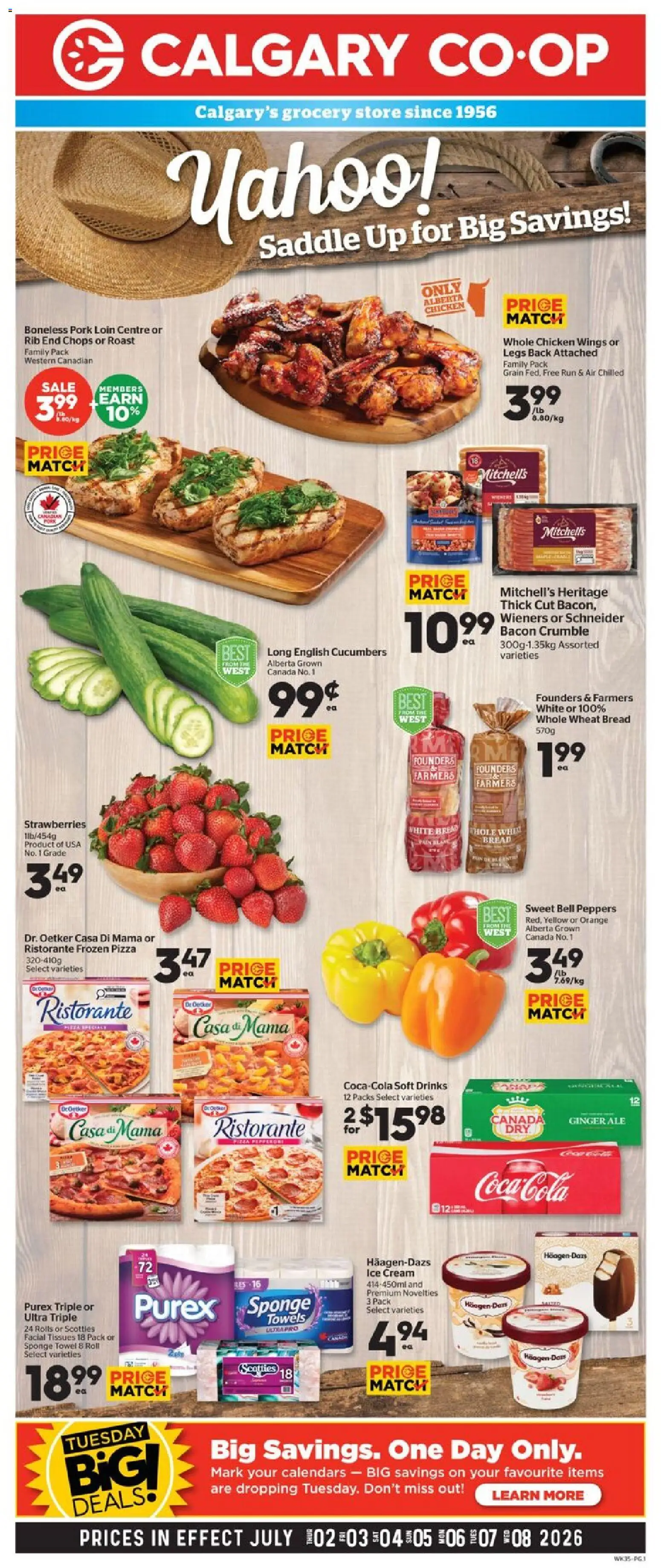 Preview of leaflet Calgary Co-op weekly flyer / circulaire from shop Calgary Co-op is valid from Jul 02, 2026 - Pizza, Ice, Chicken wings, Drinks, Cream, Sponge, Tissues, Whole chicken