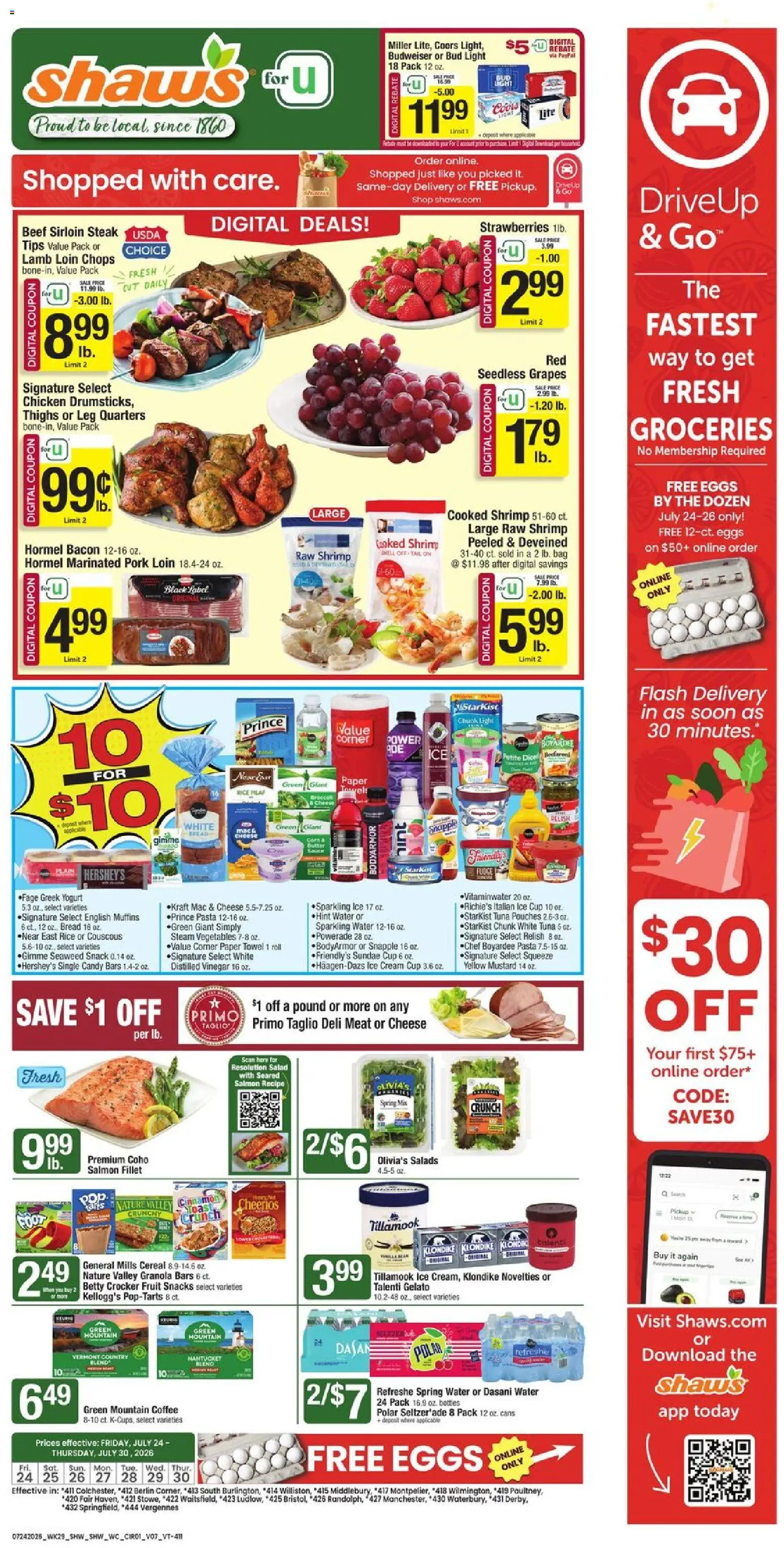Ad Preview of Shaw's Shaw's Weekly Ad - VT from 07/24/2026 - Ice cream, Steak, Vegetables, Meat, Tuna, Greek yogurt, Beef, Seedless grapes