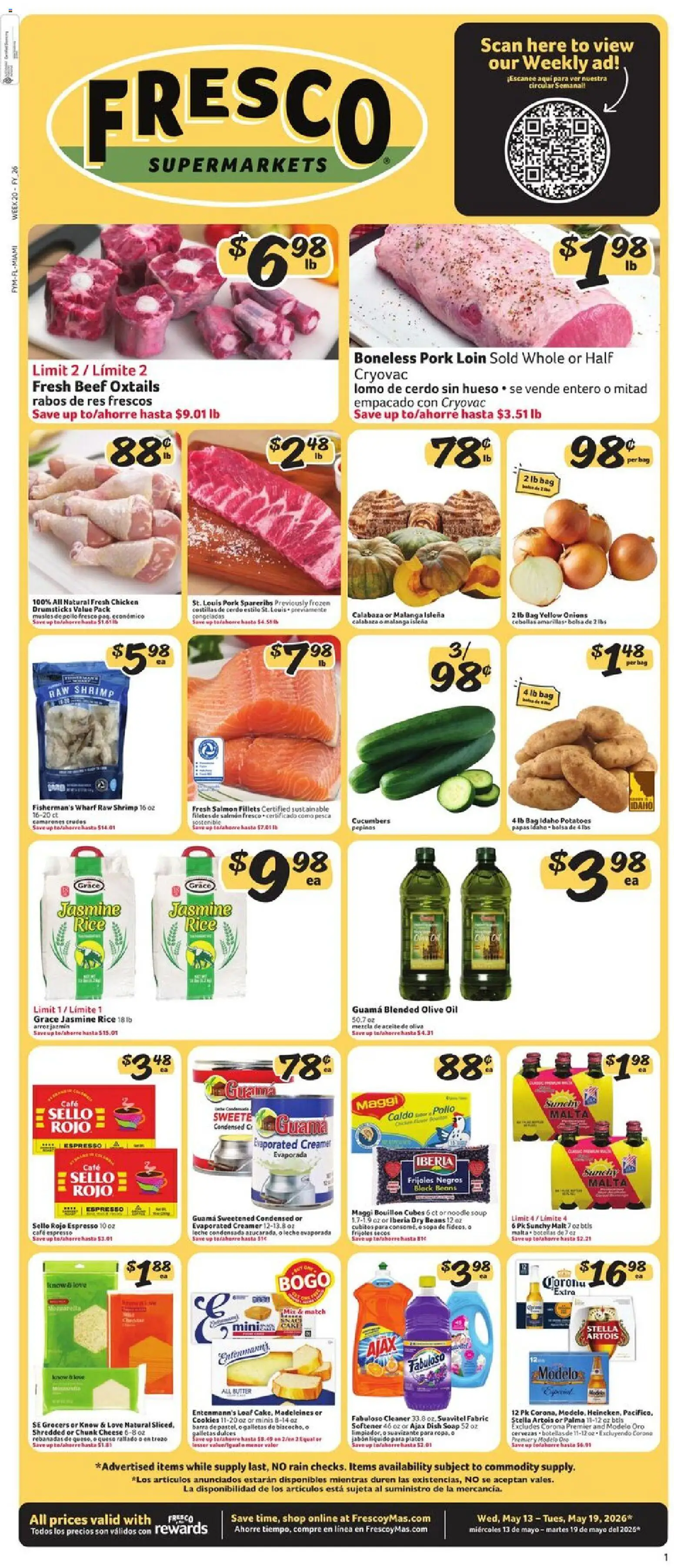 Ad Preview of Fresco y Más Fresco y Más Weekly Ad from 05/13/2026 - Cheese, Salmon, Butter, Madeleines, Fabric softener, Chicken drumsticks, Corona Extra, Chicken