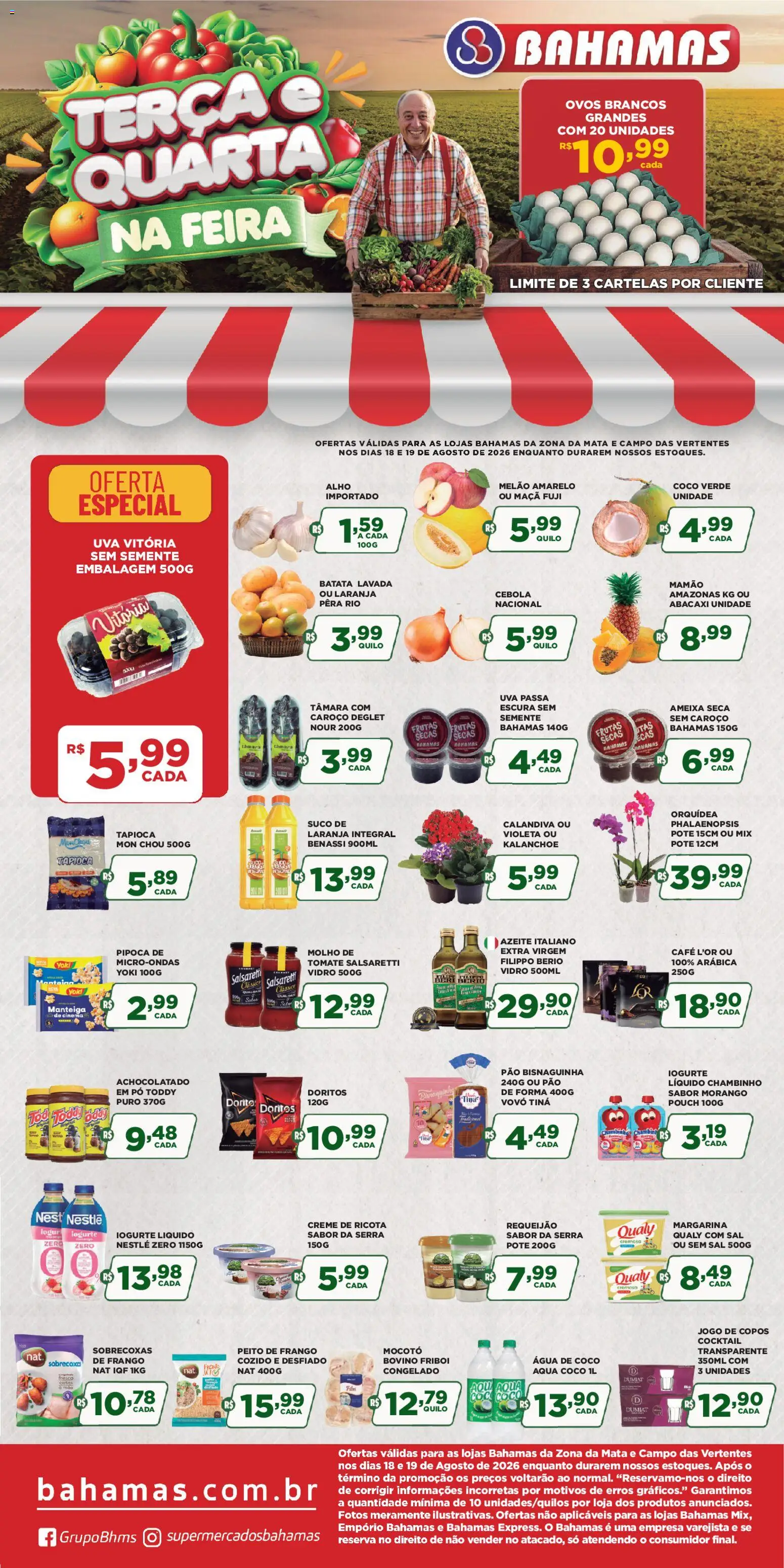 Pré-Visualização do folheto "Bahamas Supermercados ofertas Terça e Quarta na Feira" da loja Bahamas Supermercados válido a partir de 18/08/2026 - Batata, Frango, Peito de frango, Requeijão, Melão, Mamão, Achocolatado, Melão amarelo