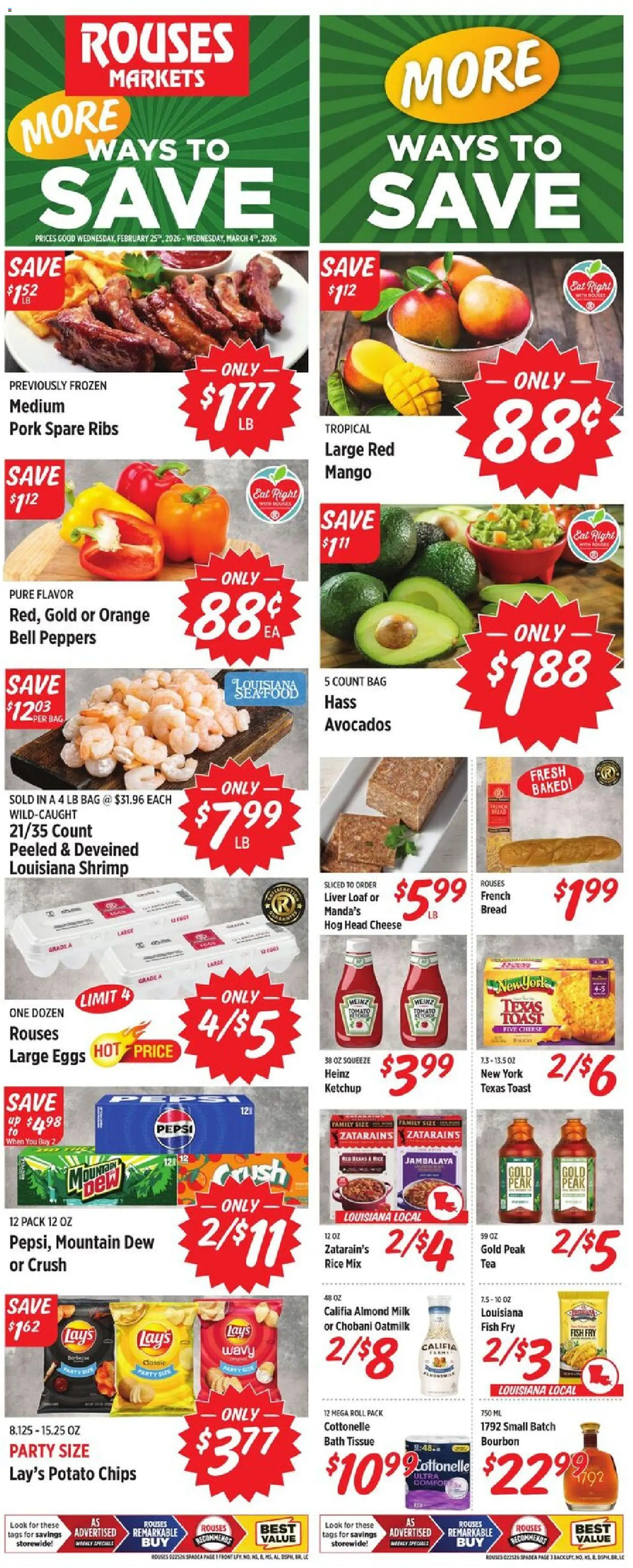 Ad Preview of Rouses Weekly Ad - LA from 02/25/2026 - Fish, Seafood, Mango, Bread, Rice, Pepsi, Bag, Head cheese