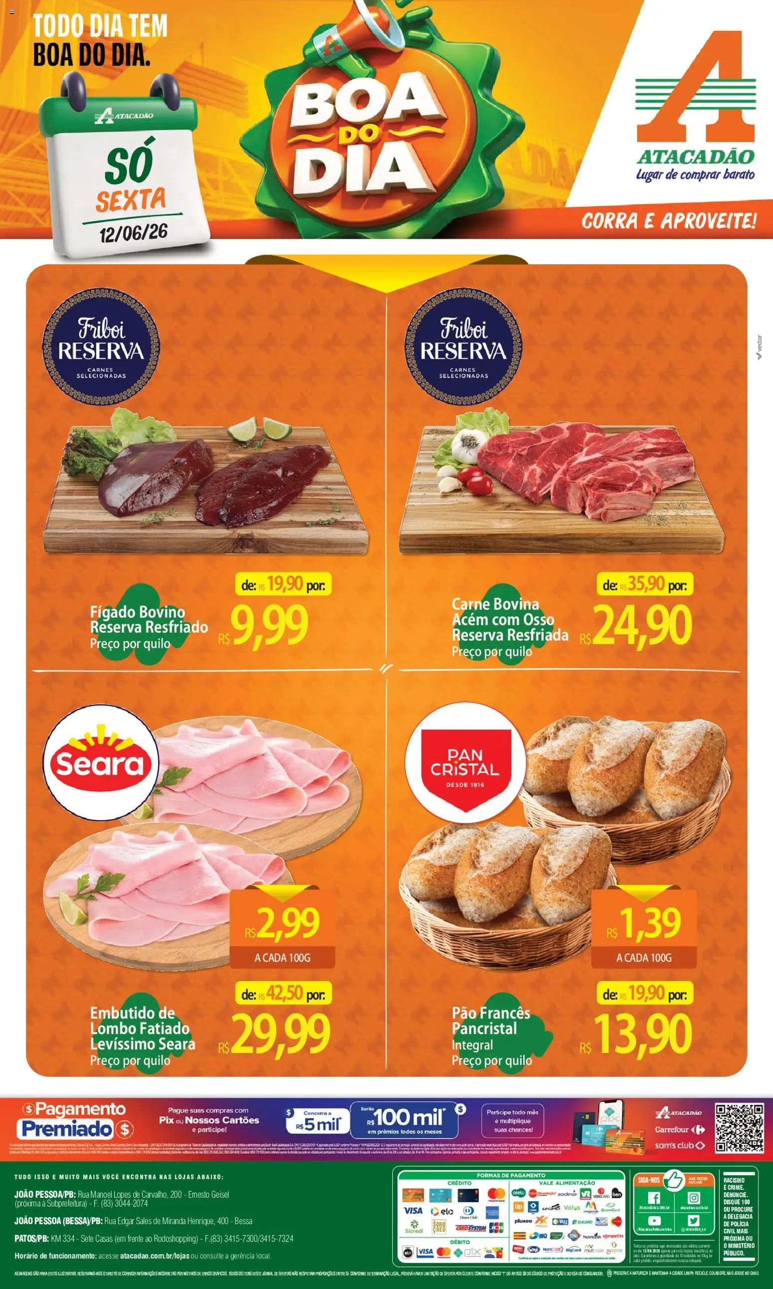 Pré-Visualização do folheto "Atacadão ofertas - PB" da loja Atacadão válido a partir de 12/06/2026 - Pão, Carne, Chá, Fígado, Pão francês, Carne bovina, Lombo, Acém