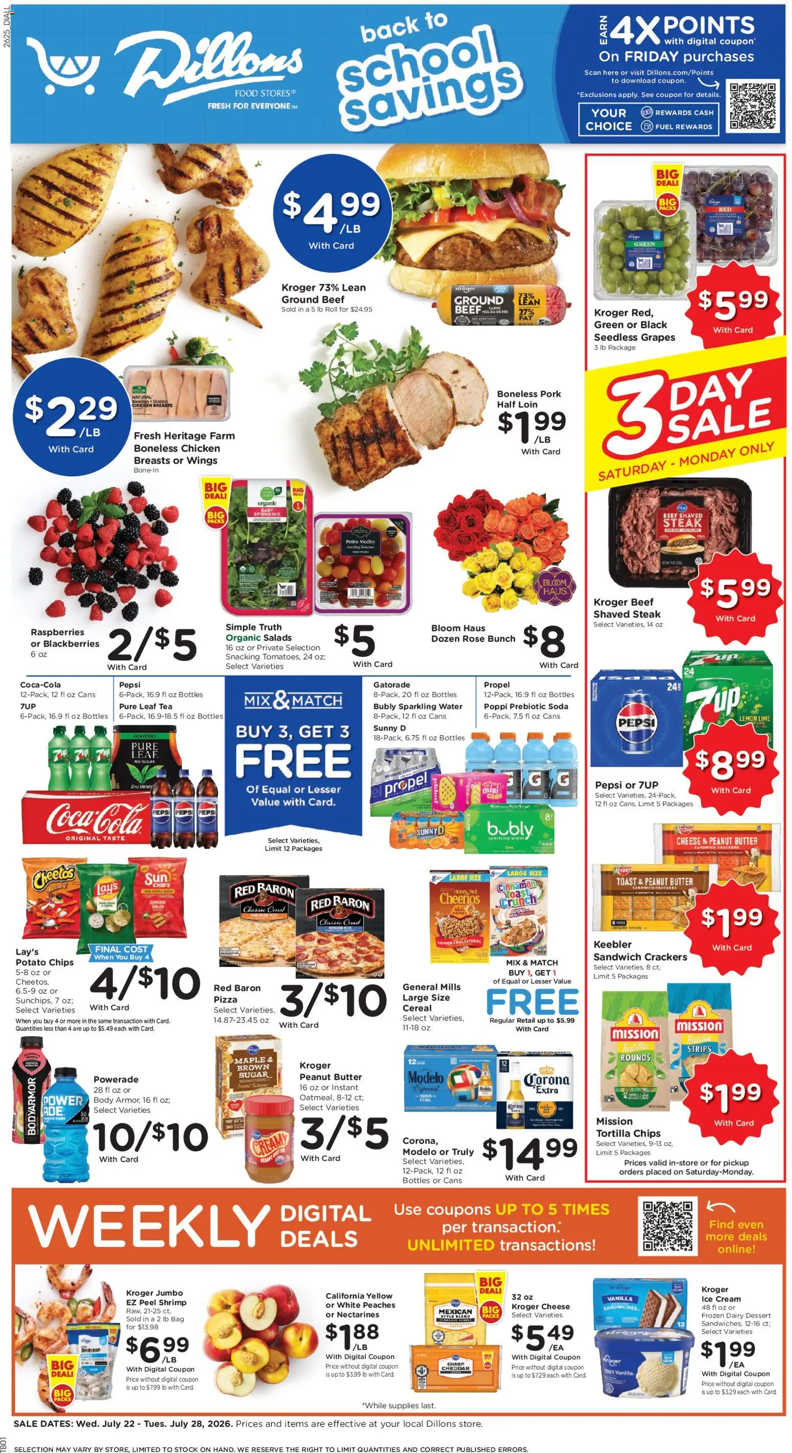 Ad Preview of Dillons Dillons Weekly Ad from 07/22/2026 - Dessert, Steak, Chips, Peaches, Crackers, Vanilla, Tortilla chips, Chicken